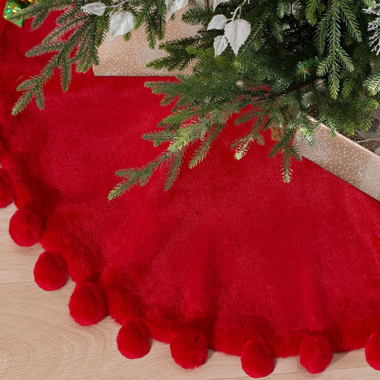 ORTIGIA Red Christmas Tree Skirt 48 Inch with POM POM, Red Faux Fur Soft Plush Christmas Xmas Tree Skirt for Christmas Tree Winter Home Holiday Party Ornaments Indoor Decor Decoration 48 INCH Red Faux Fur