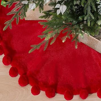 ORTIGIA Red Christmas Tree Skirt 36 Inch with POM POM, Red Faux Fur Soft Plush Christmas Xmas Tree Skirt for Christmas Tree Winter Home Holiday Party Ornaments Indoor Decor Decoration