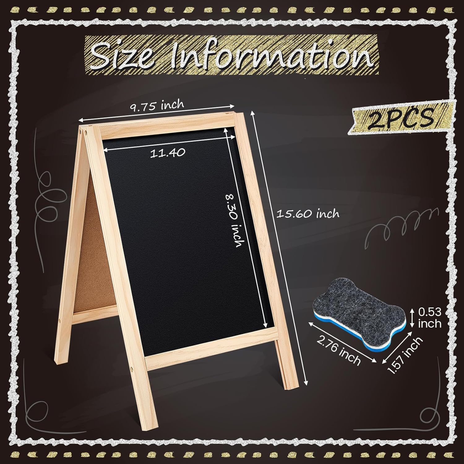 Henoyso 2 Pcs Double-Sided Tabletop Chalkboard Sign, 16"x10" Easel Rustic Wood Frame Small Chalkboard with 2 Erasers for Menu Cafes, Restaurants, Weddings Home Decor(Wooden)