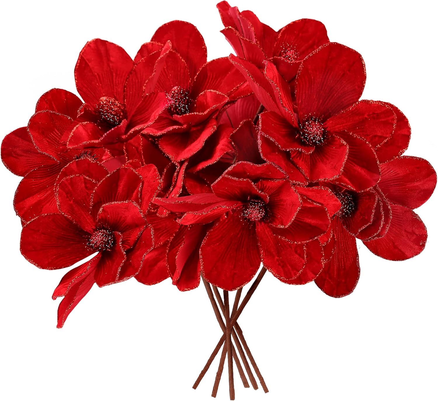Sggvecsy 10Pcs Christmas Glitter Flowers Velvet Magnolia Flower Christmas Tree Ornaments Artificial Poinsettia Floral Picks for Xmas Wedding DIY Crafts Wreath Party Floral Decorations(Blue)