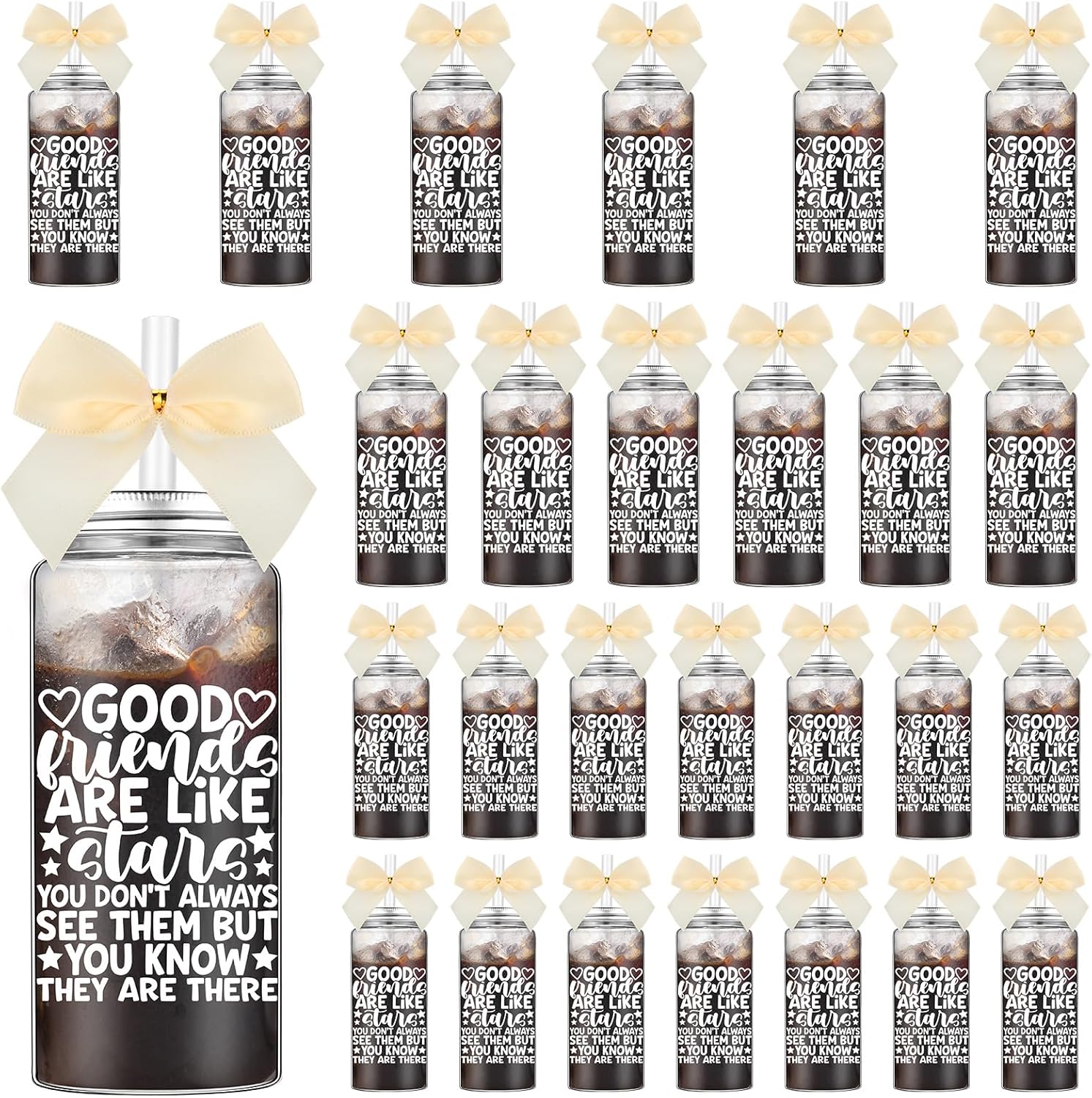 Skylety 24 Pack Friendship Gifts for Women Friends Gifts Cups Bulk Good Friends Are Like Stars Gift Cups 13.5 oz Plastic Tumblers with Straw Lid Bow for BFF Party Favors