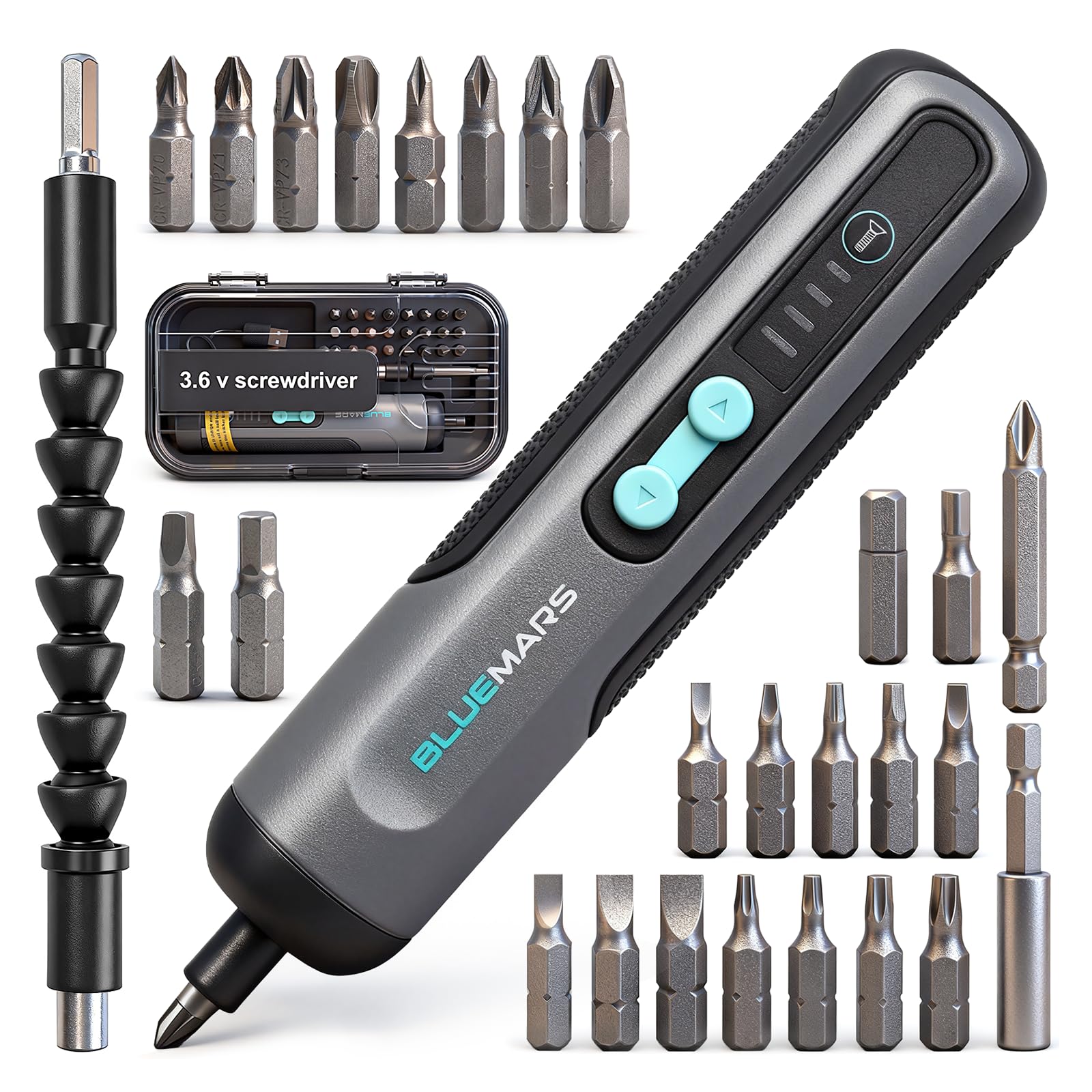 BlueMars Electric Rechargeable Screwdriver Set 3.6V 2AH Cordless Mini Small Battery Power Screwdriver with 27-Piece Bit, Dual Led Working Light,Storage Box, Type C Cable,Adjustable Torque (Max 5N.M)