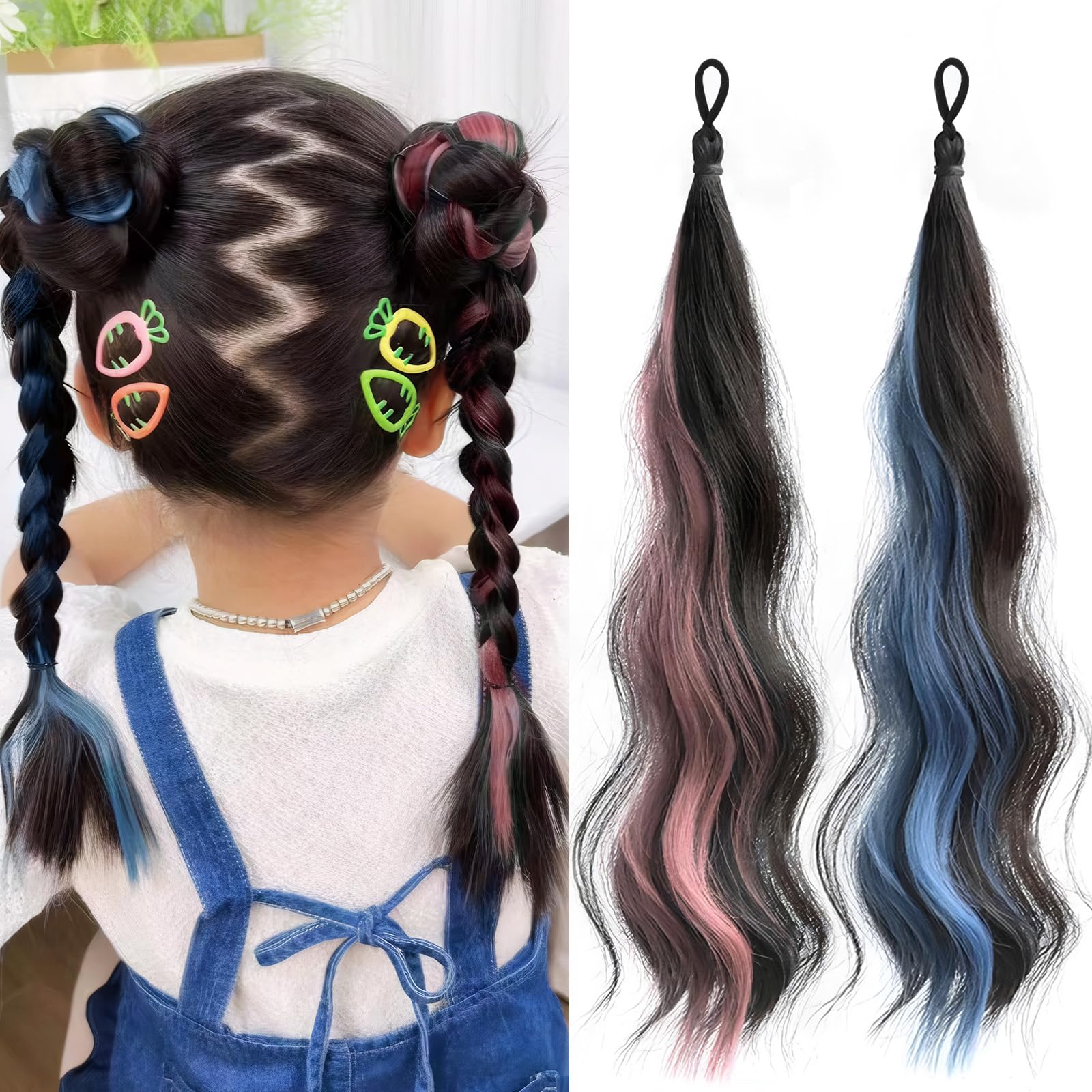 Sucodver エクステ 子供 ヘアエクステ キッズ カール ゴム付き ピンク 青 2本セット 付け毛 ダンス 巻き髪 ロング 耐熱 ファイバー アイロン可能 毛束 ポニーテール お団子 三つ編み(ピンク+青)
