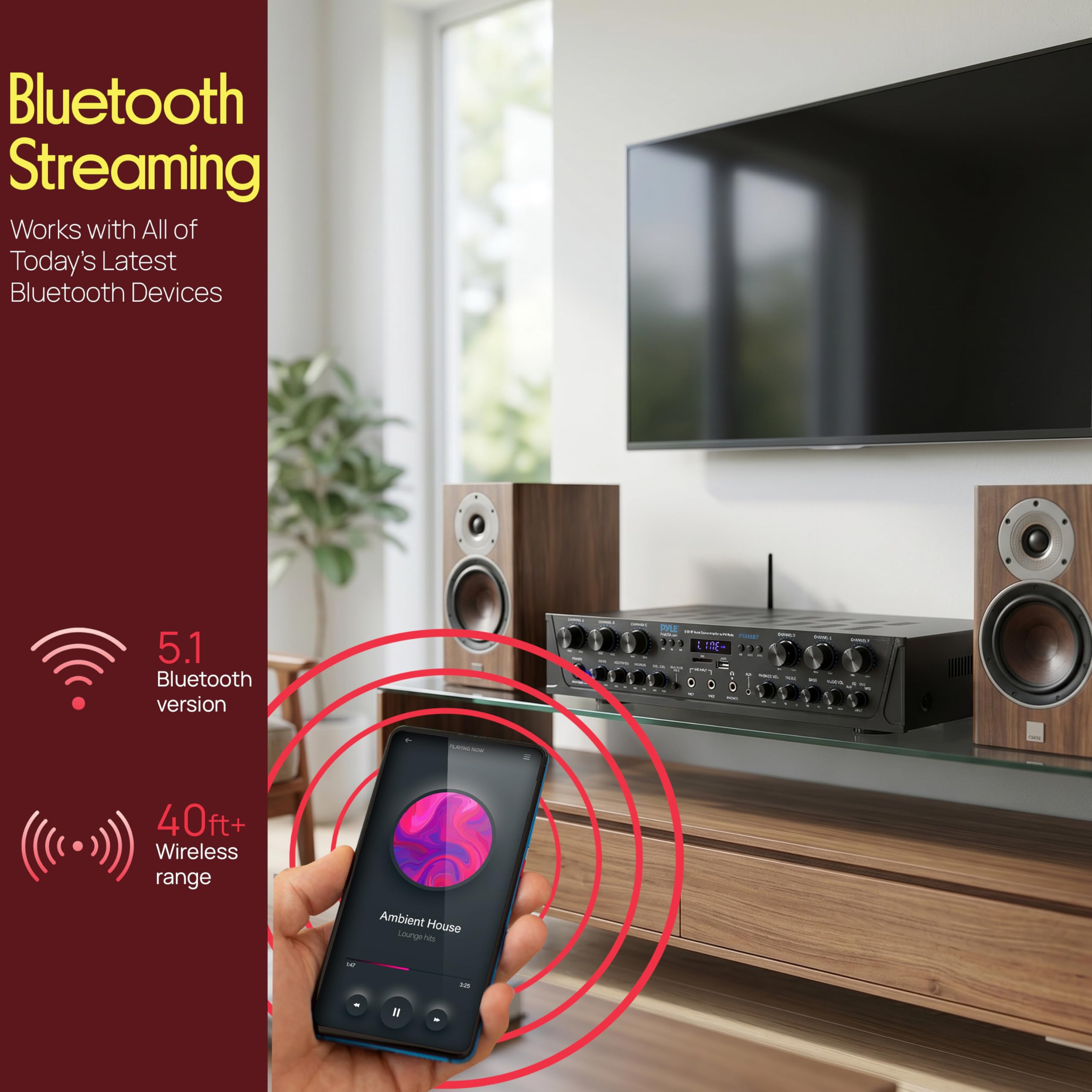 Pyle Wireless Home Audio Amplifier System - Bluetooth Compatible 6 Channel Stereo Receiver, 600W Max Power, Simple Karaoke with Dual Mic Inputs with Tone Control, PA with Talk Over - PTA66BT.6 — Amazon image 3