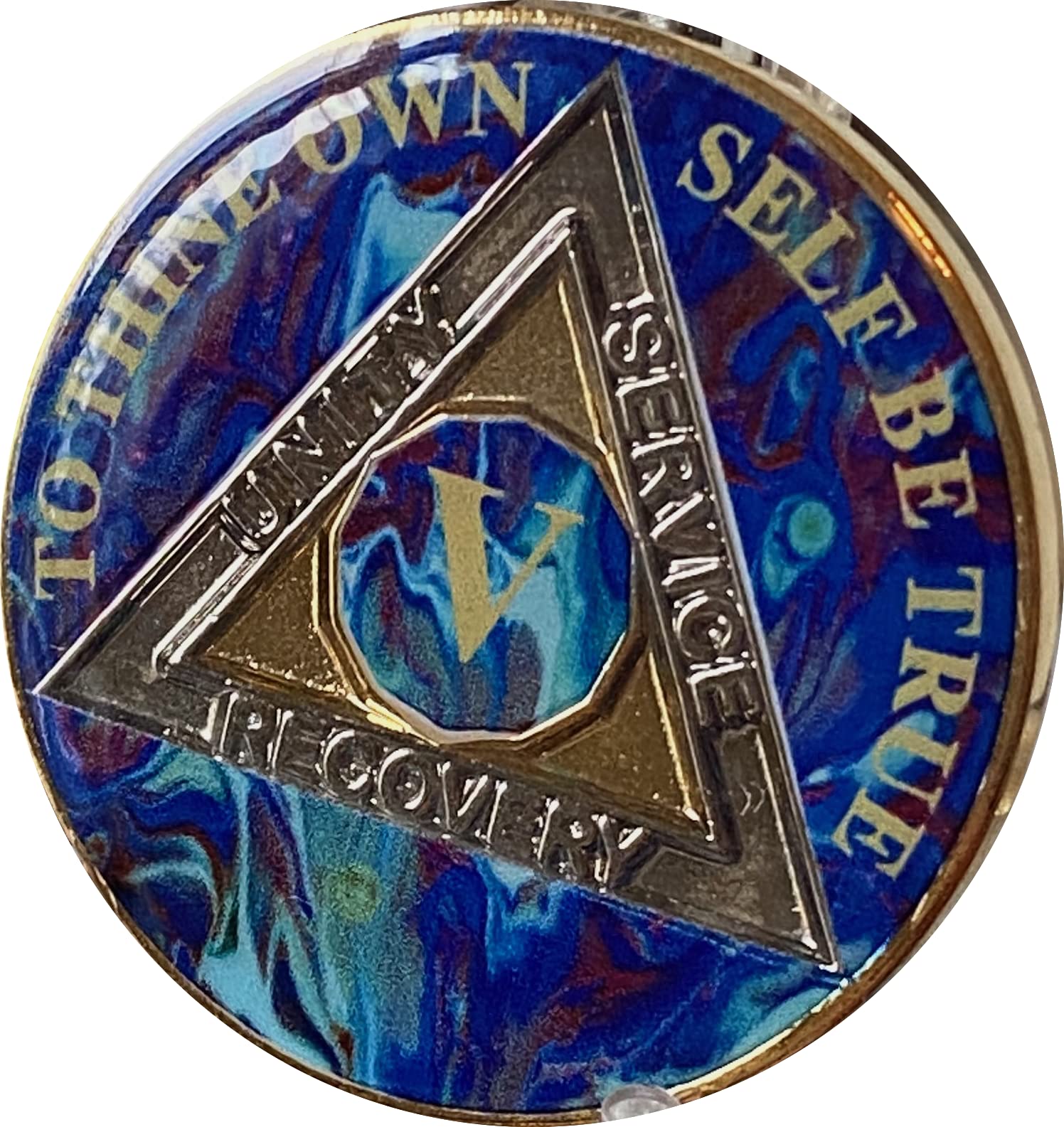 5 Year AA Medallion Sapphire Blue Swirl Tri-Plate Sobriety Chip