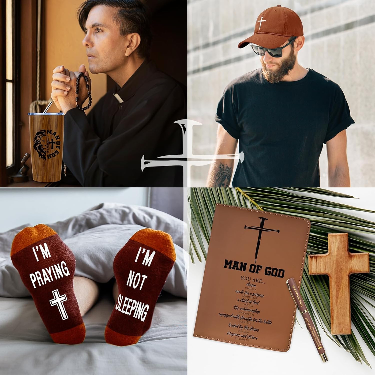 JTAMOHI 10 Pcs Christian Gifts for Men, Inspirational Religious Catholic Faith Spiritual Gift with 20 Oz Tumbler Hat Socks Bible Verses Leather Journal Pen Keychain for Dad, Husband, Grandpa, Friends
