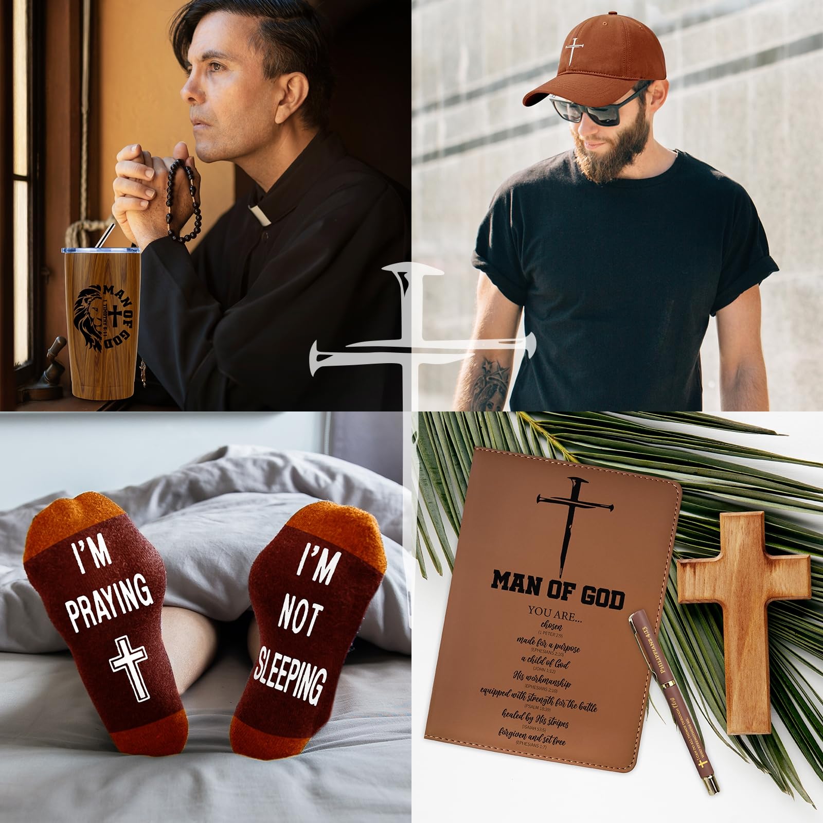 JTAMOHI 10 Pcs Christian Gifts for Men, Inspirational Religious Catholic Faith Spiritual Gift with 20 Oz Tumbler Hat Socks Bible Verses Leather Journal Pen Keychain for Dad, Husband, Grandpa, Friends