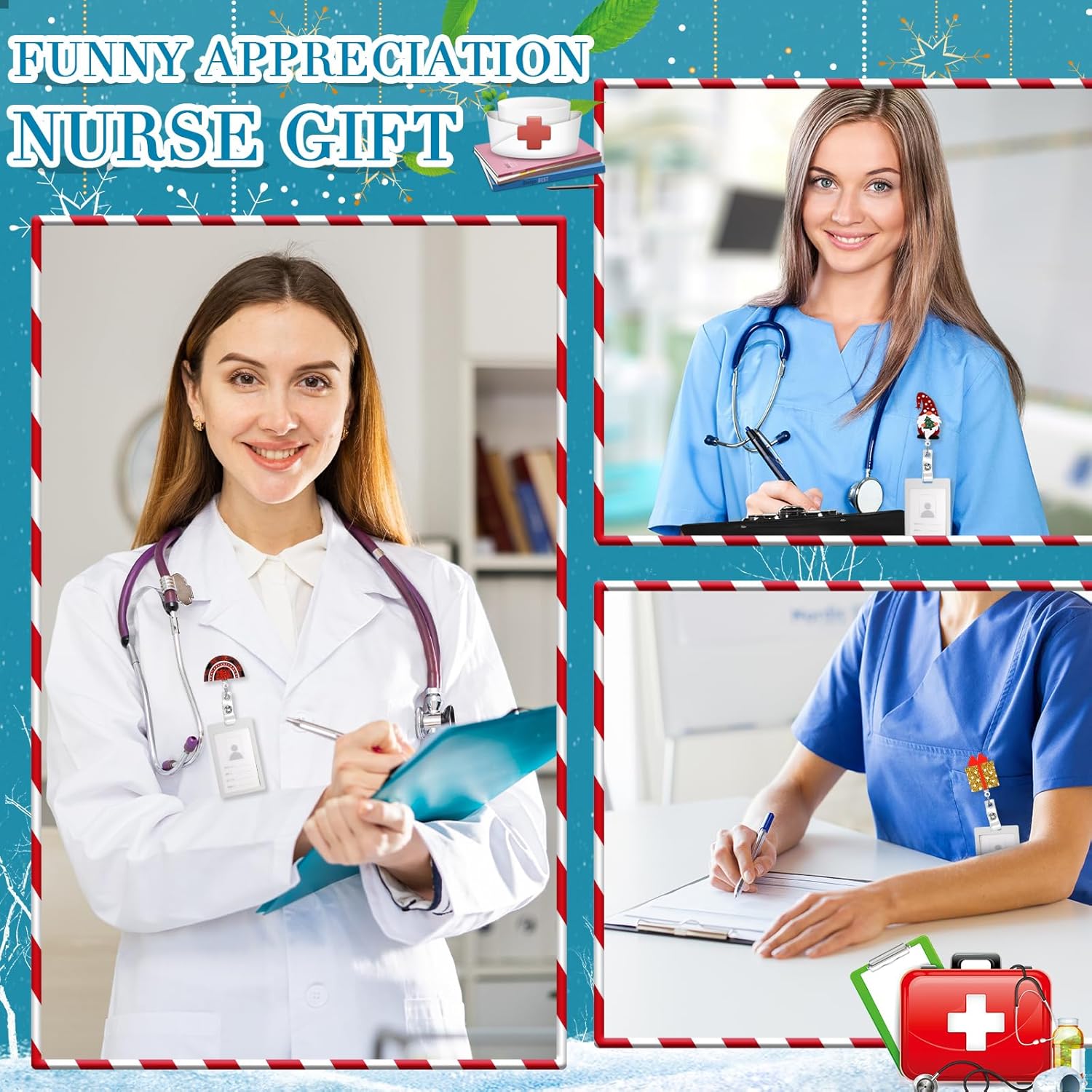 Qilery 200 Pcs Christmas Badge Reel Retractable Christmas Badge Holder Bling Holiday Reels Glitter Xmas Acrylic ID Name Holder with Alligator Clip for Workers Nurses