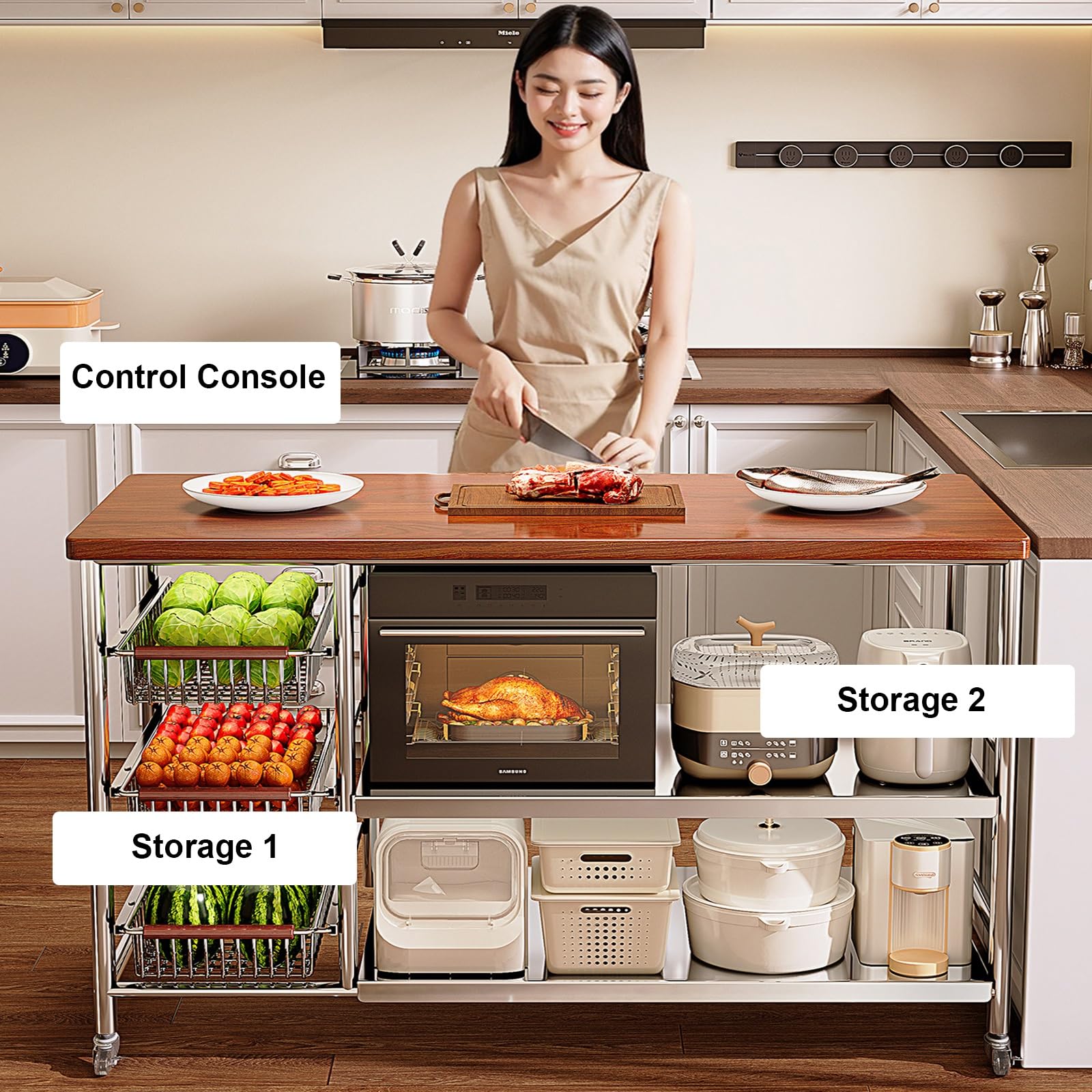 Buffet avec étagères ouvertes et roulettes pivotantes, buffet polyvalent îlot de cuisine, cadre en métal pour maison, restaurant, garage, établi