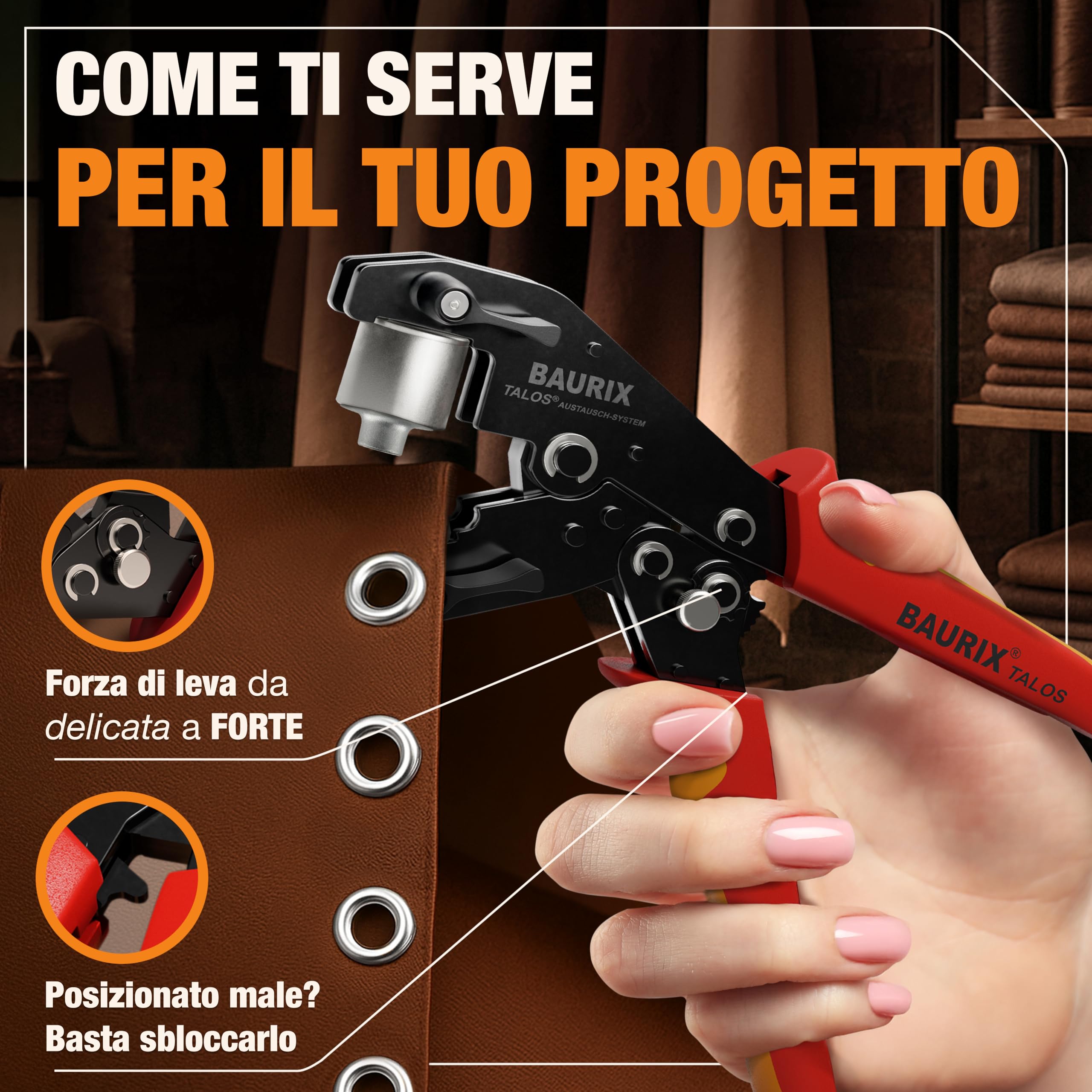 BAURIX Pinza Occhielli con 200 Occhielli Ø10 mm per Telo Stoffa Pelle Tessuti Autopunzante Senza Foro TALOS