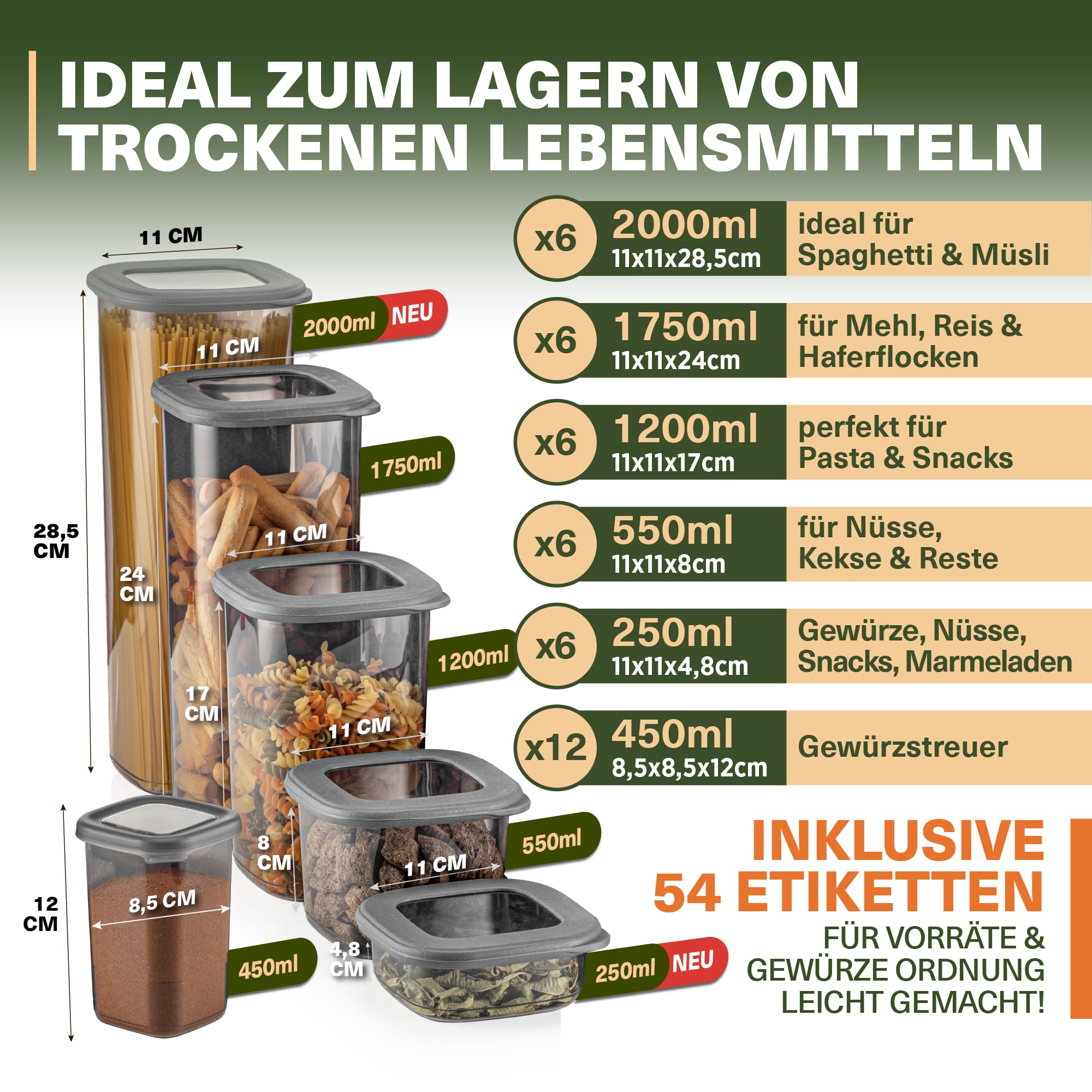 Viwares Contenitori con coperchio, ermetici, set da 42 contenitori senza BPA, per la conservazione della farina di cereali, cucina, pratico organizer da cucina, contenitori per alimenti
