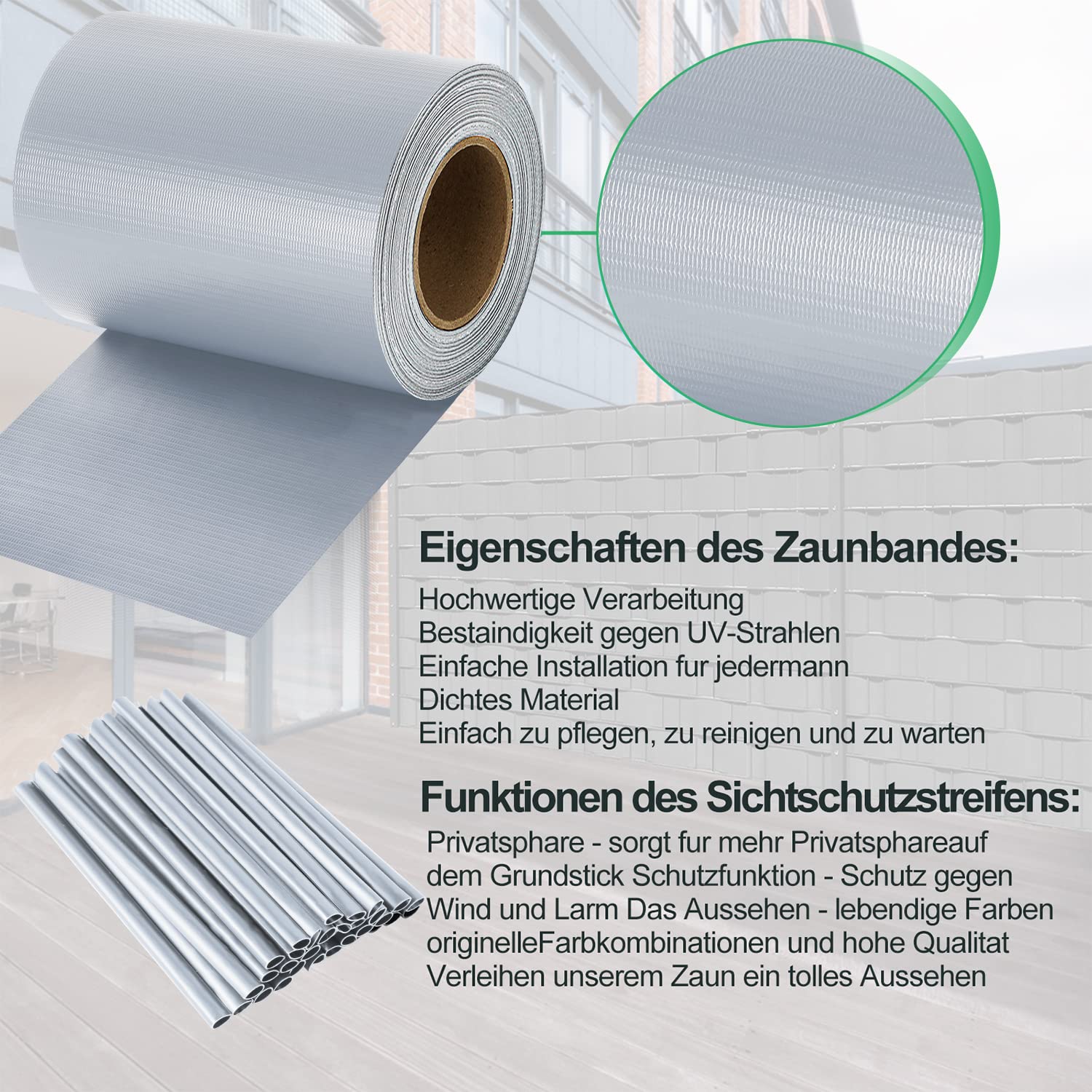 Daromigo Folia maskująca z PCW 50 m x 19 cm, w zestawie 40 klipsów mocujących, ochrona przed wiatrem, ochrona przed słońcem, ochrona przed wzrokiem, folia maskująca do ogrodzenia ogrodowego, szara