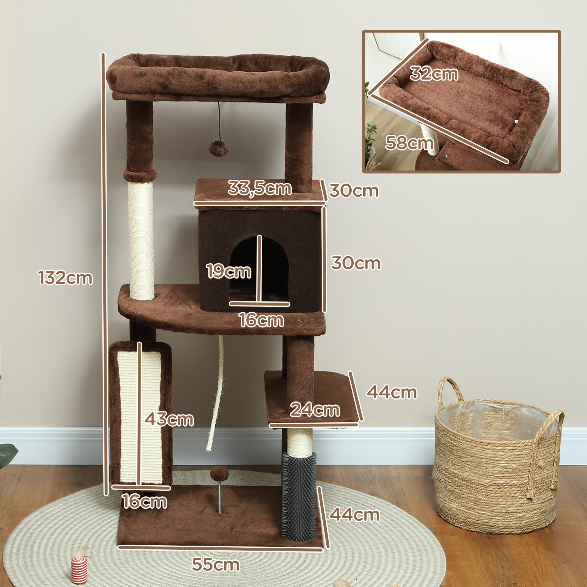 PawHut Arbre à griffer 132 cm avec Plateformes Marron