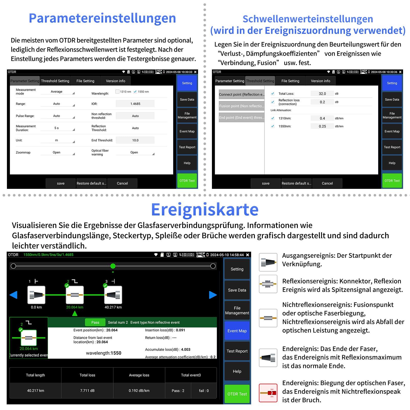 Henkion OTDR-Glasfasermessgerät 8 Zoll IPS-Touchscreen, 1310/1550nm 28/26dB Fiber Optic Tester, Netzwerktester mit Event Map, LS, OPM, VFL, OLS, Digitalmultimeter, SFP, WLAN und RJ45 Kabeltest