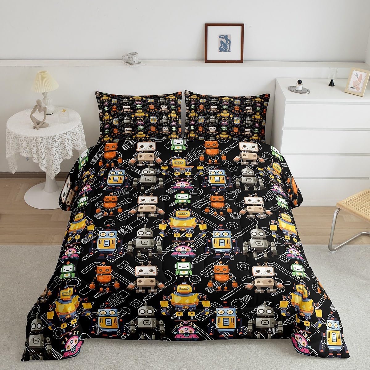 Robot Kids Boys Twin Size Comforter Set,Intelligent Machine Graffiti Black Quilt Set Soft Bed Collection,Cartoon Equipment Tools Bedding Comforter for Kids Adults Home Decor,2 Pcs