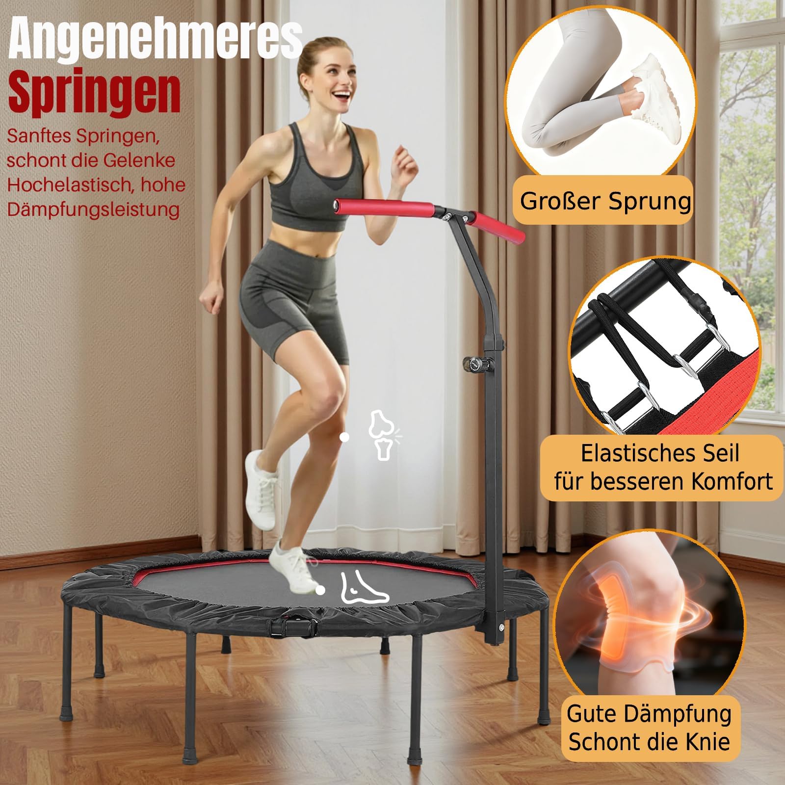 LIFERUN Mini Trampoline d'intérieur pour Adultes Ø 128 cm,Petit Trampoline de Fitness,Saut rebondissant,Capacité de Charge 150 kg,Corde en Caoutchouc,Poignées réglables en Hauteur,Maison, Rouge