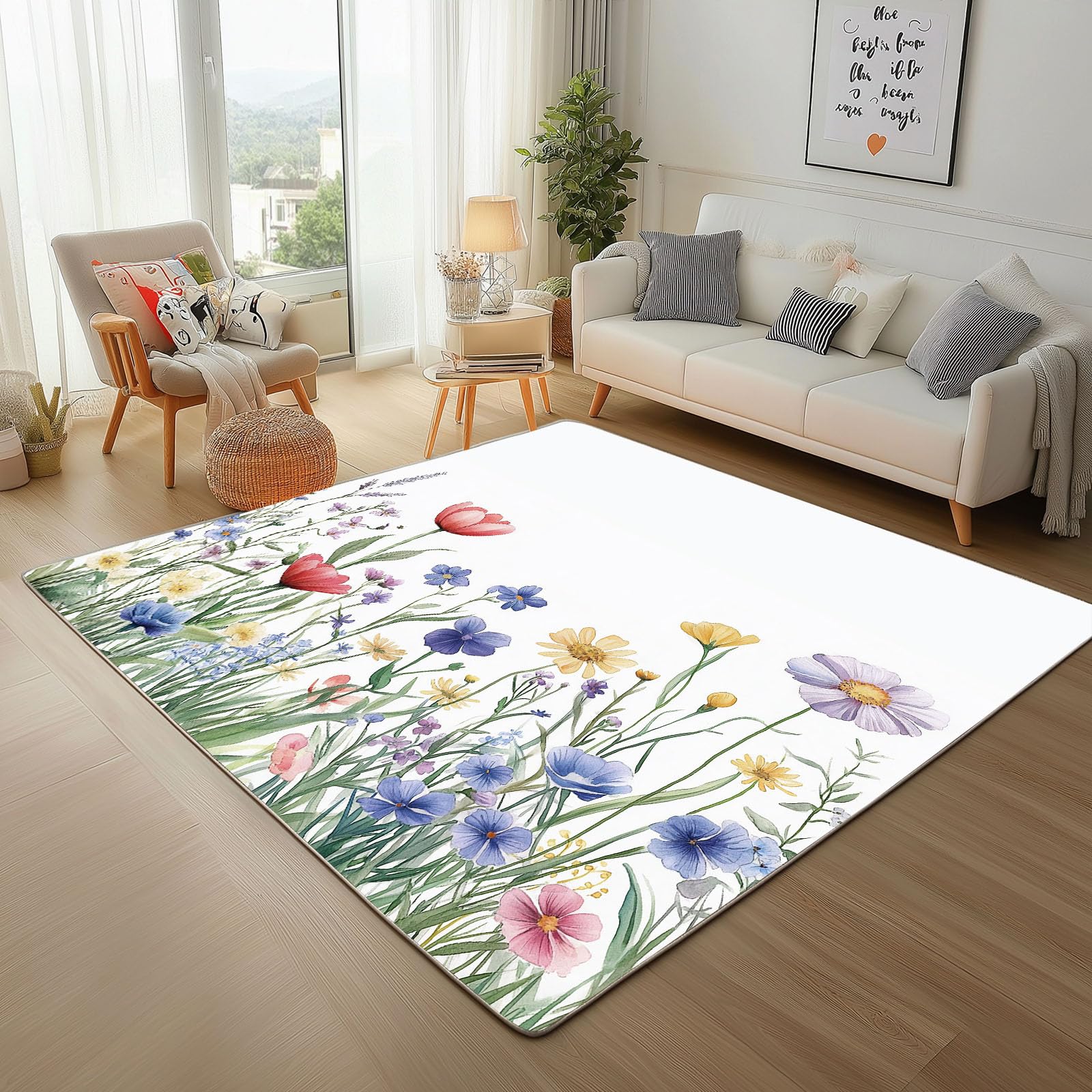 Tapis salon lavable 160x230cm à fleurs aquarelle moderne et antidérapant