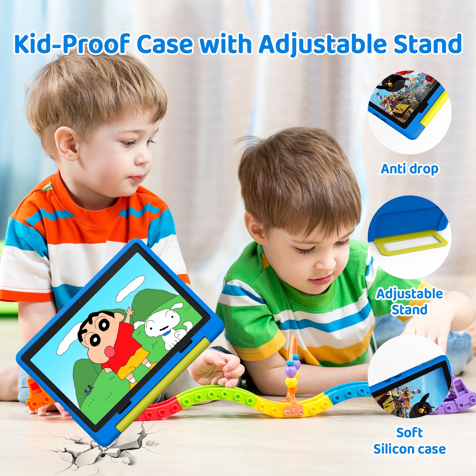 Vekoy Tablet Bambini 10 Pollici Android 14 Display HD 1280x800 Batteria 5000mAh 8+64GB Espandibile a 1TB Doppia Fotocamera 5+8MP Custodia Protettiva + 3 Adesivi DIY (Blu)