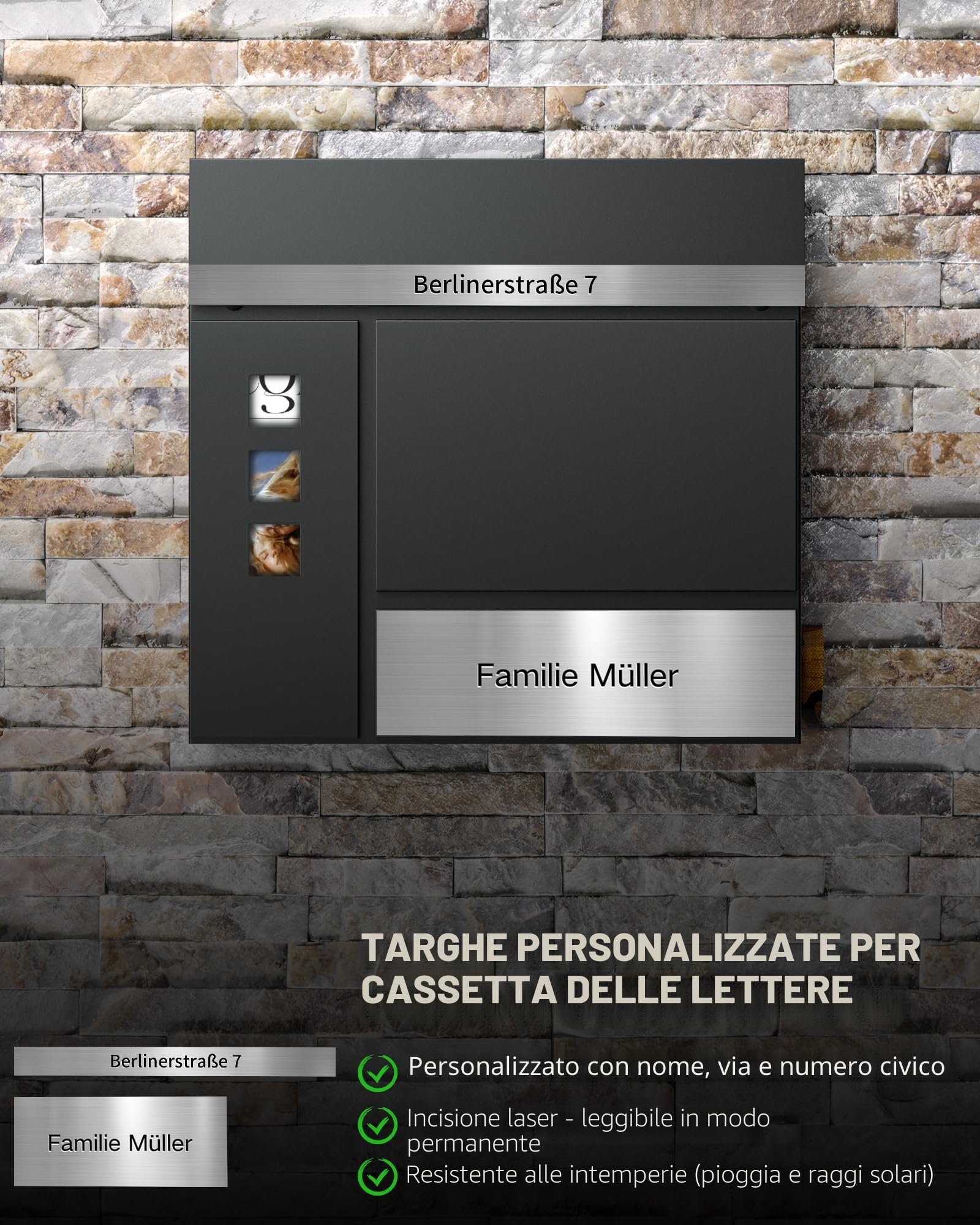 Cassetta delle lettere antracite con incisione, personalizzabile, 2 in 1, in acciaio inox, targhetta con nome e numero civico, con scomparto per giornali e serratura (2 chiavi)
