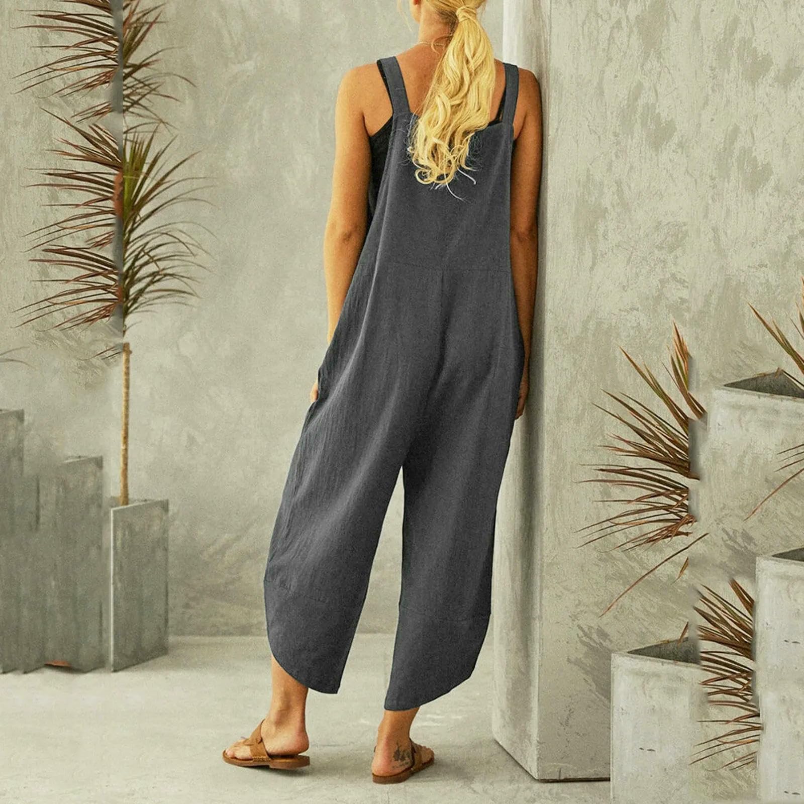 Salopette da Donna Tuta Estiva Casual Lunga A Gamba Larga con Tasche, Elegante E Semplice