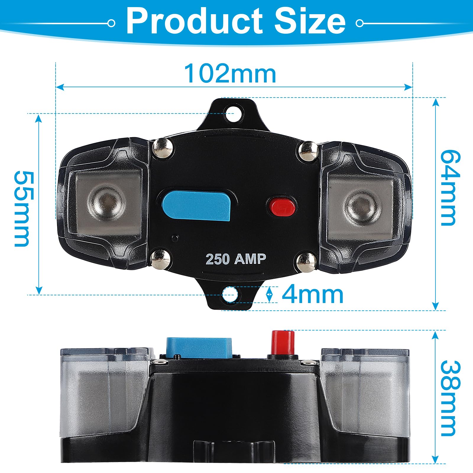 EFUTURETIME Interruttore Automatico 250A Portafusibile di Ripristino 12v-48v DC Con Riarmo Manuale per Impianto Audio/Video Auto, Barca