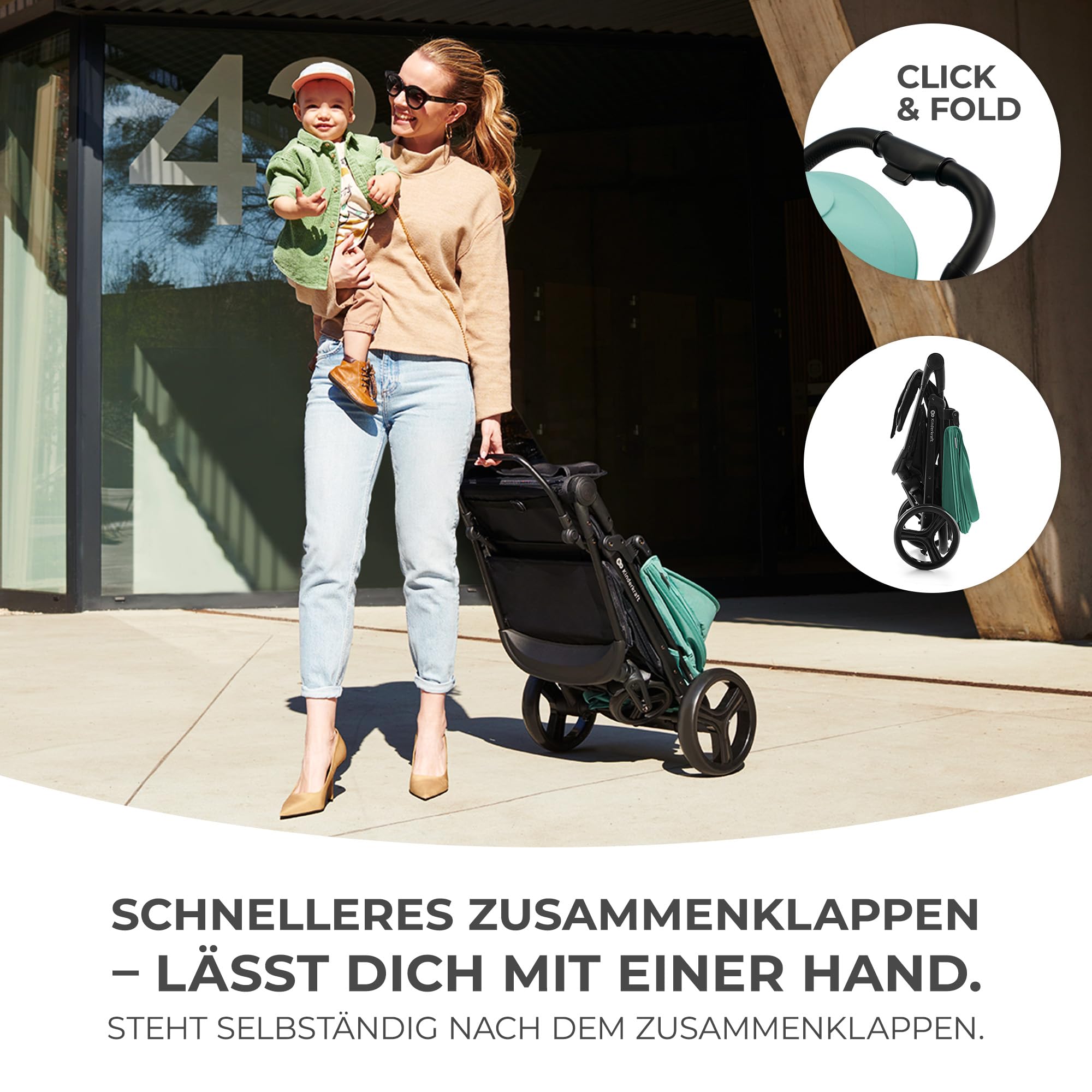 Kinderkraft RINE Buggy bis 22 kg, Kinderwagen, Mit einer Hand zusammenklappbar, wasserfestes Verdeck mit UPF50+ Filter, liegende Position, Getränkehalter im set, Rosa