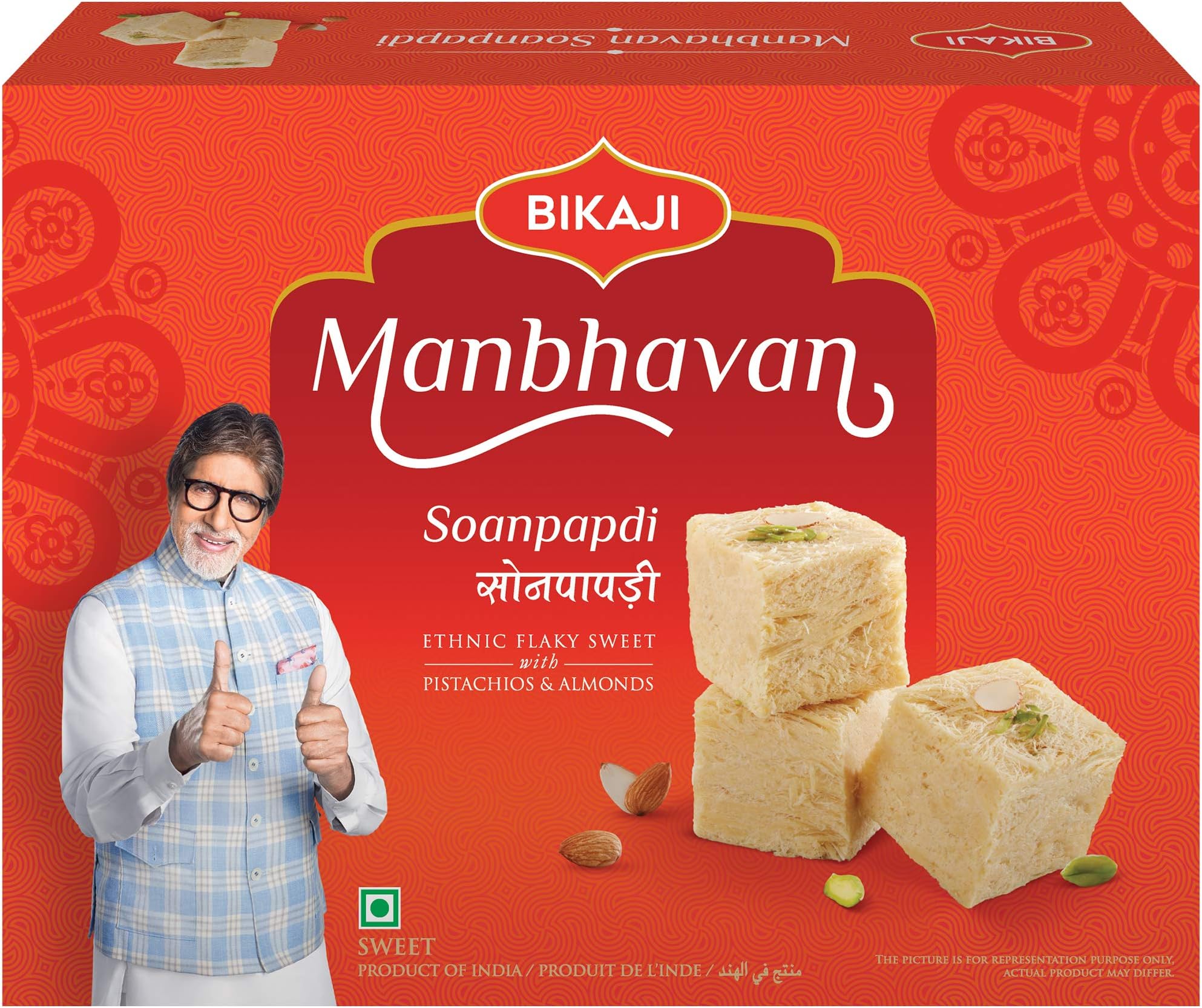Original Soan Papdi - Manbhavan 500g Pack | Ethnic Flaky Indian Sweet with Pistachios & Almonds | Vegetarian | Premium Mithai Box | Product of India