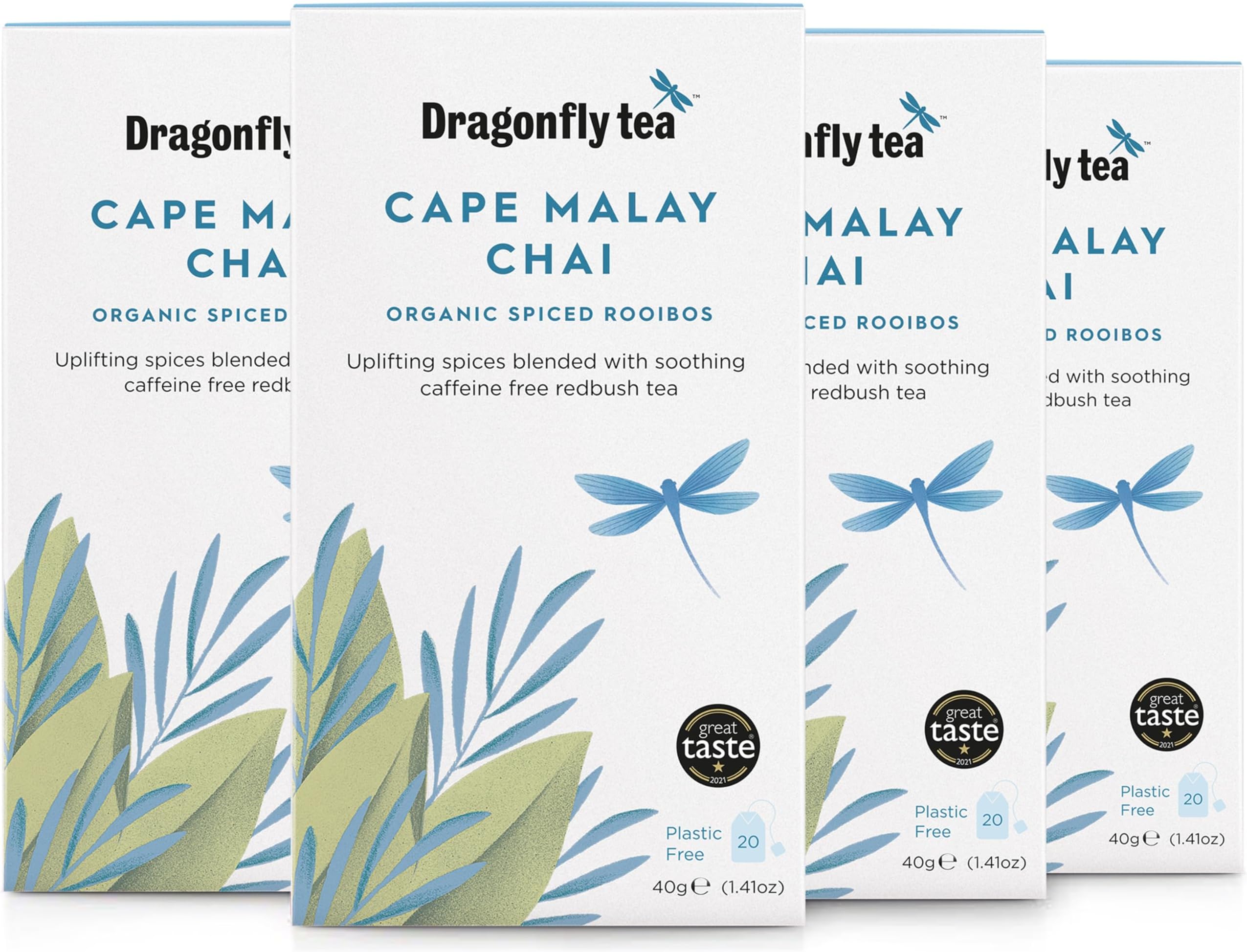 Dragonfly Cape Malay Chai | Pack of 4 x 20 Organic Tea Bags (80 Teabags) | Naturally Sweet Herbal TeaBags | Chai TeaBags | Caffeine-Free Tea| Compostable tea bags | Spiced Rooibos