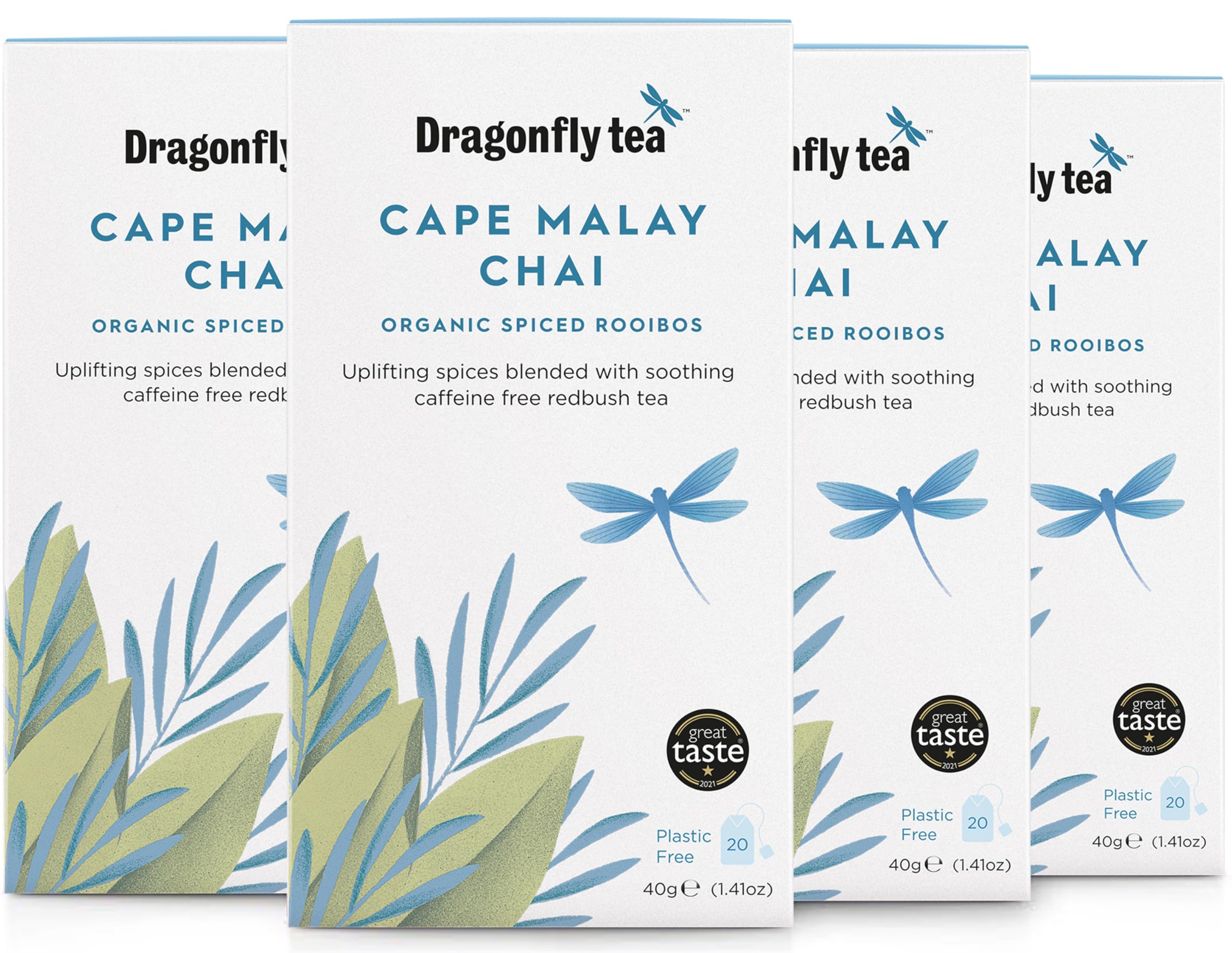 Dragonfly Cape Malay Chai | Pack of 4 x 20 Organic Tea Bags (80 Teabags) | Naturally Sweet Herbal TeaBags | Chai TeaBags | Caffeine-Free Tea| Compostable tea bags | Spiced Rooibos