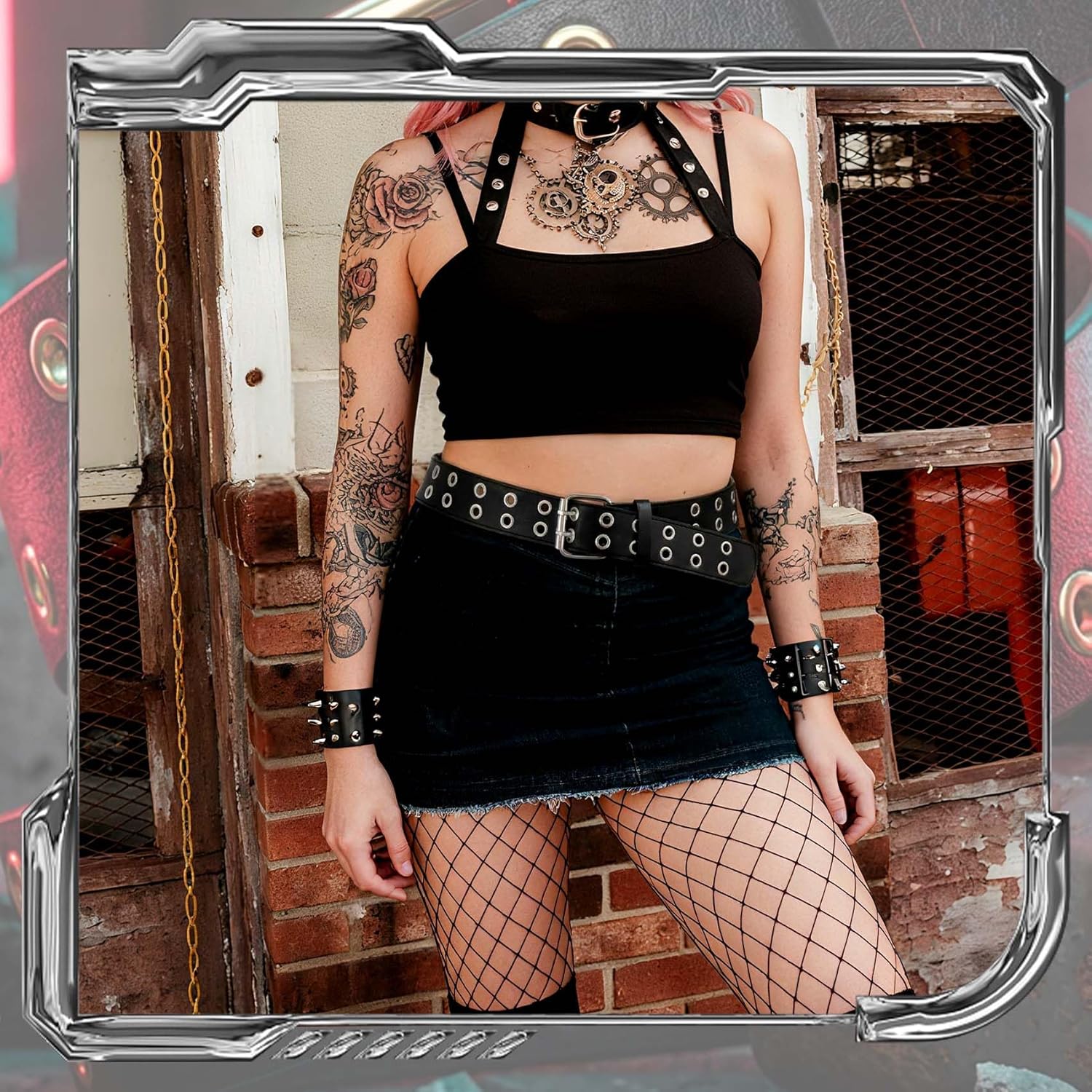 XZQTIVE Double Grommet PU Leather Belt for Women Men Punk metal Jean Belt Wide 1.5 Inch - Image 4