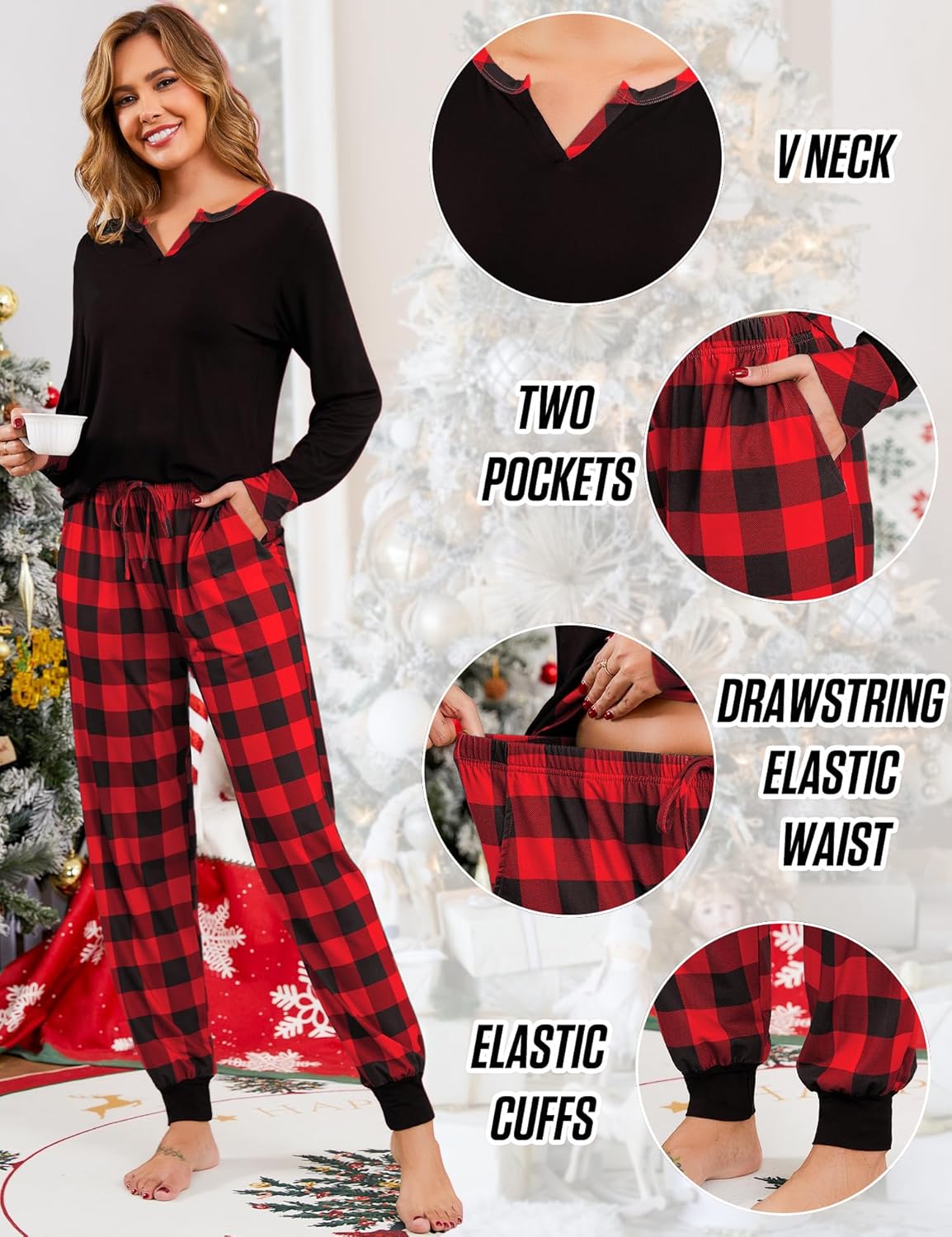 YOZLY Women Christmas Pajamas Buffalo Plaid Pajama Pants Long Sleeve Sleepwear with Pockets S-XXL - Image 7