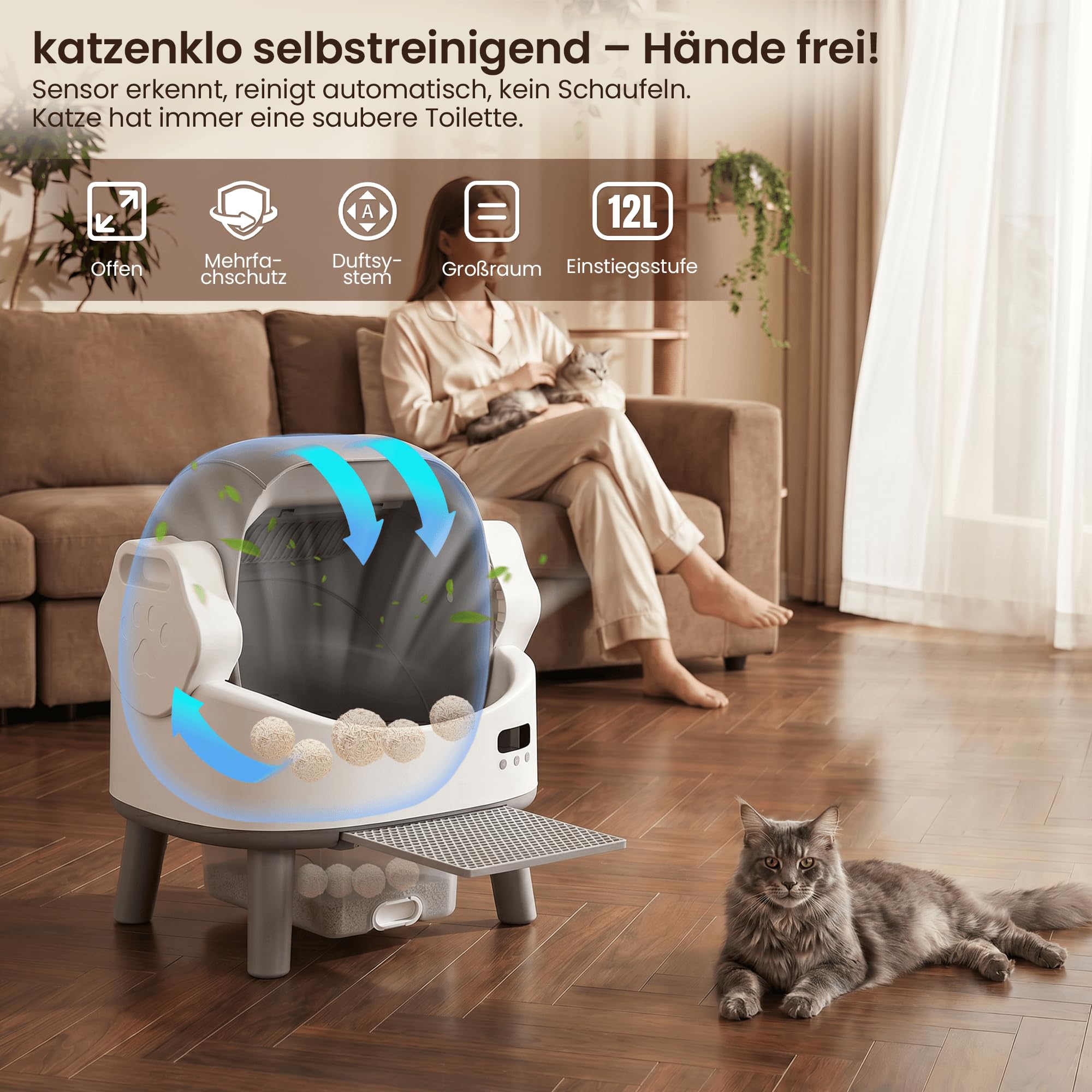 JUMMICO Selbstreinigende Katzentoilette, Automatisches Katzenklo für große Katzen bis 10kg, Elektrisches Katzentoilette mit Sicherheitsschutz & Geruchsbeseitigung,Ideal für Mehrkatzenhaushalte