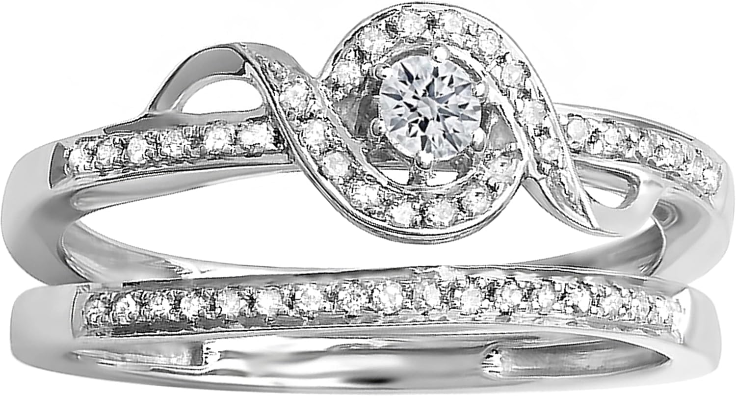 Dazzlingrock Collection Round White Diamond Ladies Bridal Promise Ring Set Matching Band 1/4 CT (0.25 ctw, Color I-J, Clarity I2-I3) in 925 Sterling Silver