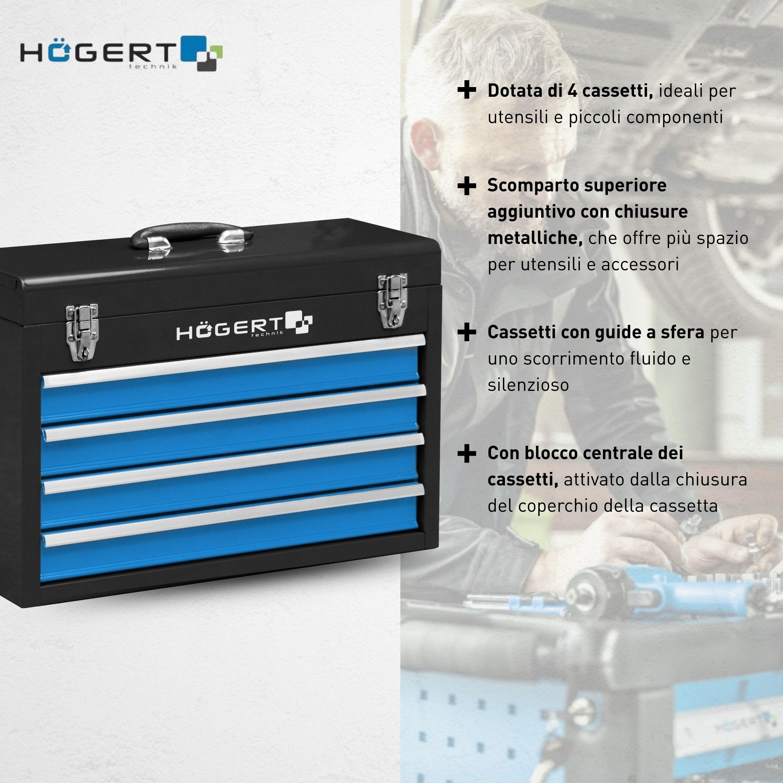 Högert Technik Cassetta degli attrezzi con 4 cassetti con guide a sfera, chiusura in metallo, manico in plastica, 52 x 21,8 x 36 cm