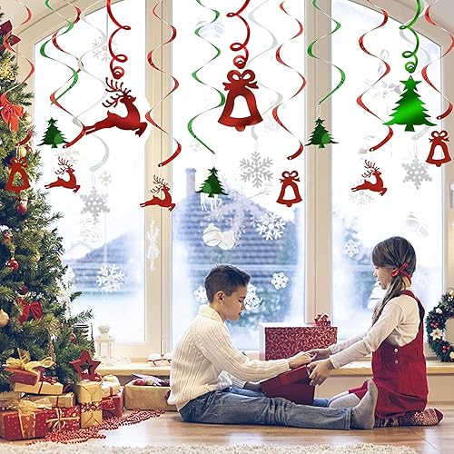 Miniatura 6 de Decoraciones de fiesta de Navidad, remolinos colgantes de techo (30 piezas totalmente montadas), campanas de reno, árbol de Navidad, remolinos de