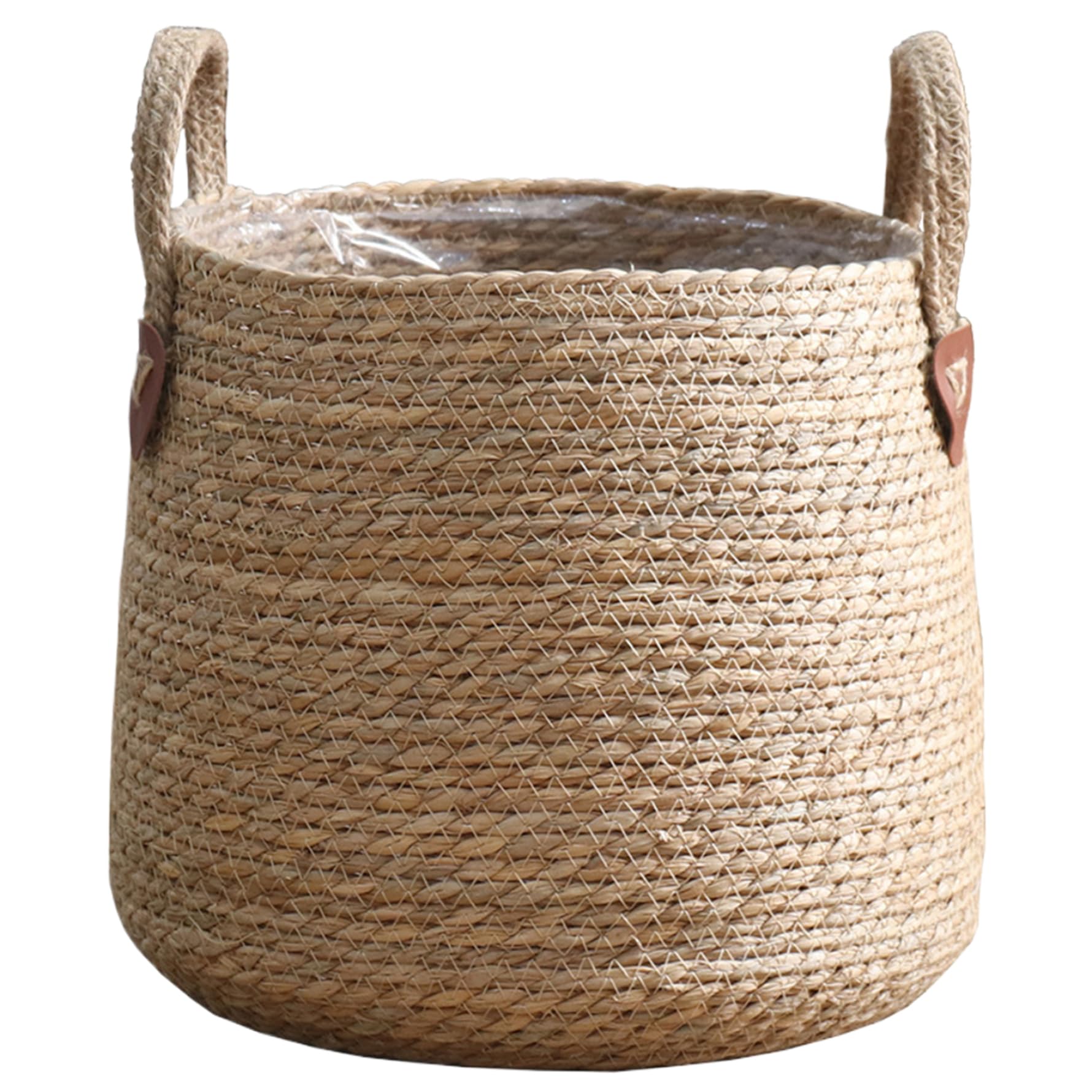 Awnsimfreien Khaki Woven Plant Basket 14X13x13 Straw Woven Basket For Plant With Liner & Handle Minimalist Planter Cover For Indoor Outdoor, For