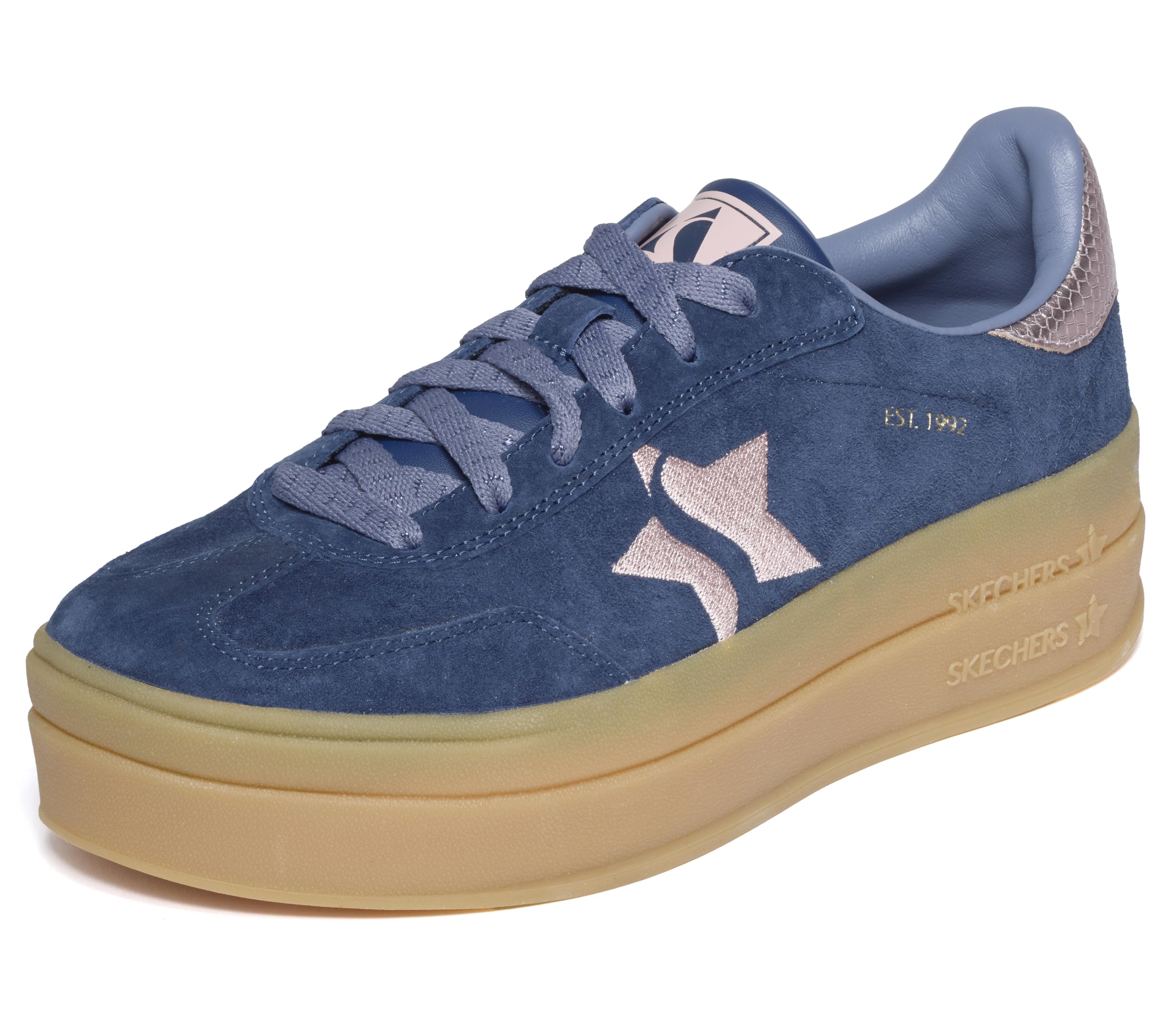Skechers Women's Academy Hi Elevated Essence Sneaker, Navy Leather/Pink Trim, 3.5 UK