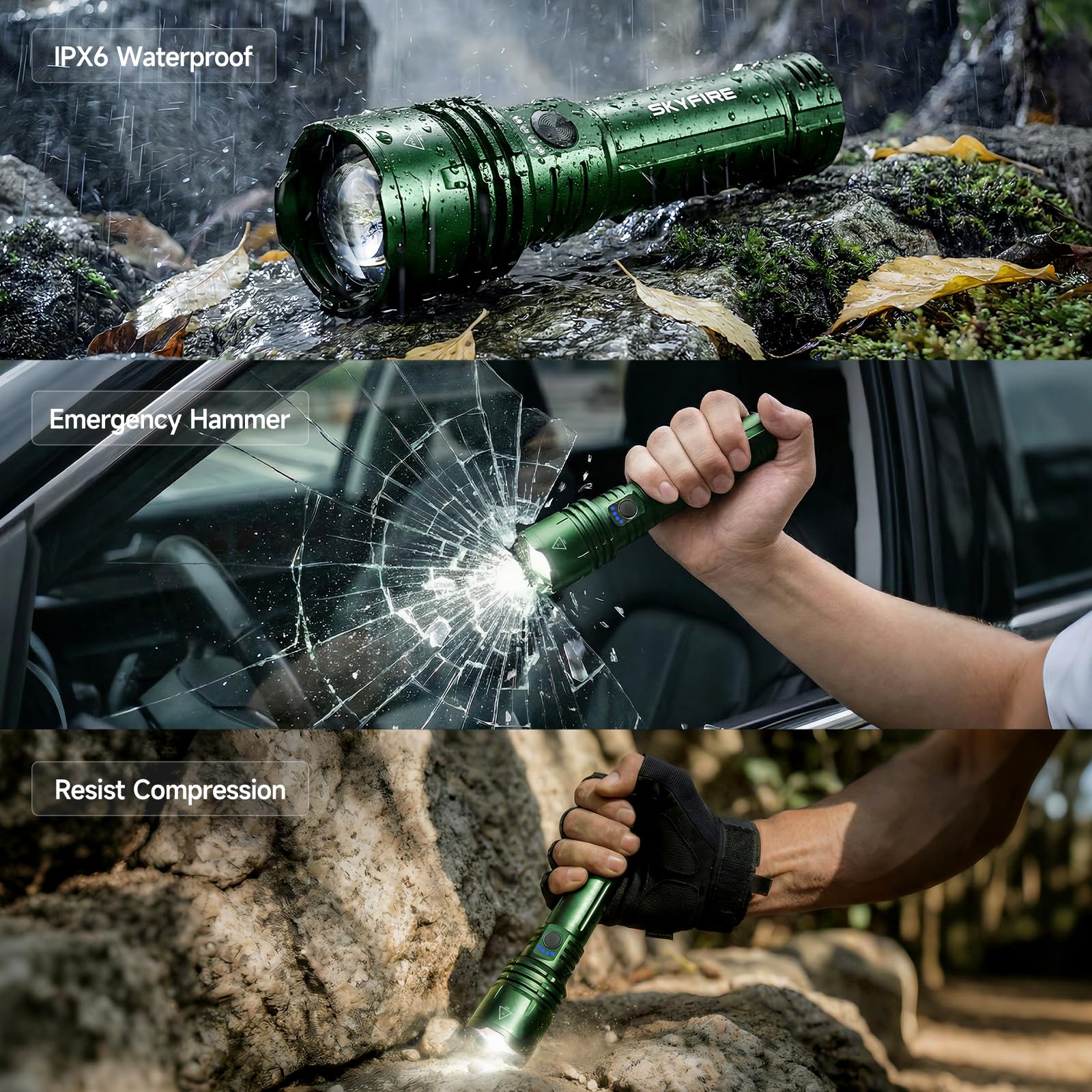 SKYFIRE LED Taschenlampe aufladbar, 2000 Lumen, 5000 mAh, Zoom, 5 Modi | 30 W, bis zu 30 Std. Laufzeit, USB-C, Powerbank, IPX6 und Zündlinse für Camping, Wandern, Pannen und Notfälle