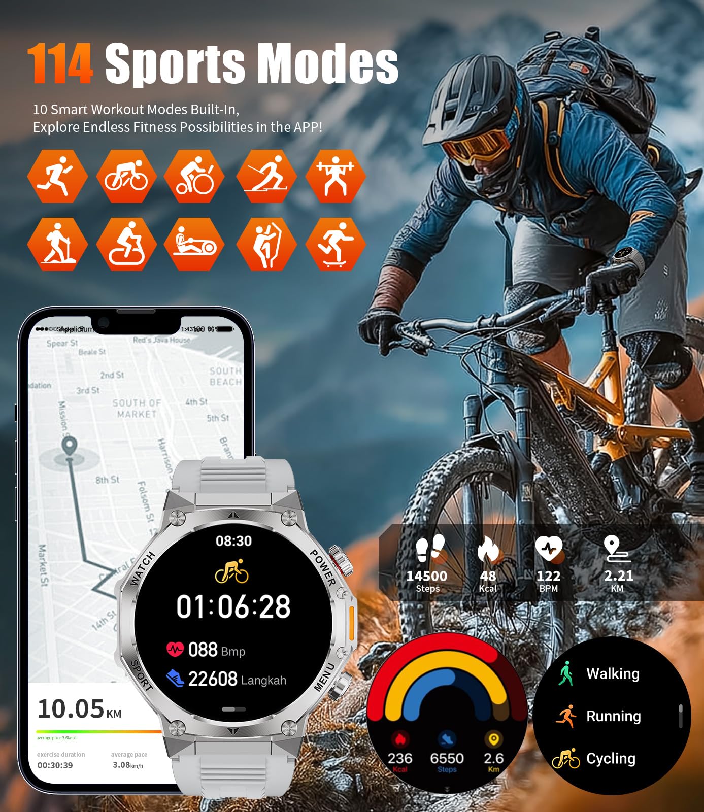 LIGE Smartwatch Uomo,1.75'' HD Orologio Smartwatch con Torcia LED/800mAh/Chiamata Bluetooth,114 modalità Sportive Cardiofrequenzimetro SpO2 e Sonno per Android iOS,EF15-F