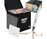 HOTU Alcohol Markers Brush Tip -60 Virant Colors Daul Tips Art Markers Set, for Artist Adults Coloring Illustrations, with Seamless Blending, Colorless Blender, Anti-Bleeding Pad, &Premium Ink
