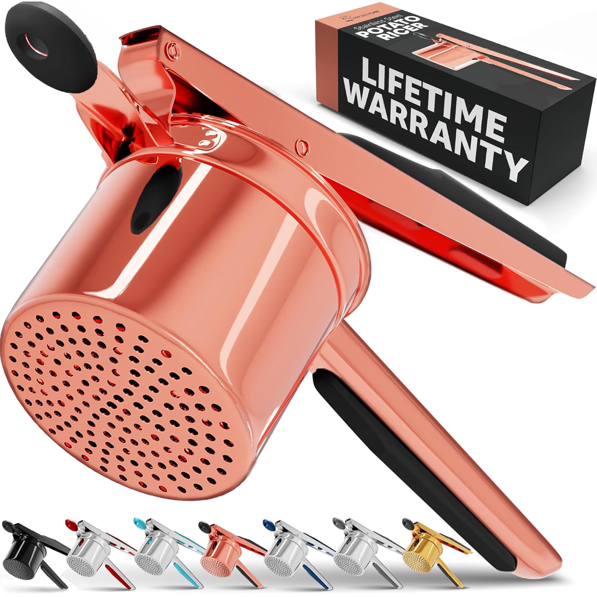 Large 15oz Potato Ricer, Heavy Duty Stainless Steel Potato Masher and Ricer Kitchen Tool, Press and Mash Kitchen Gadget For Perfect Mashed Potatoes - Everytime, Rose Gold and Black