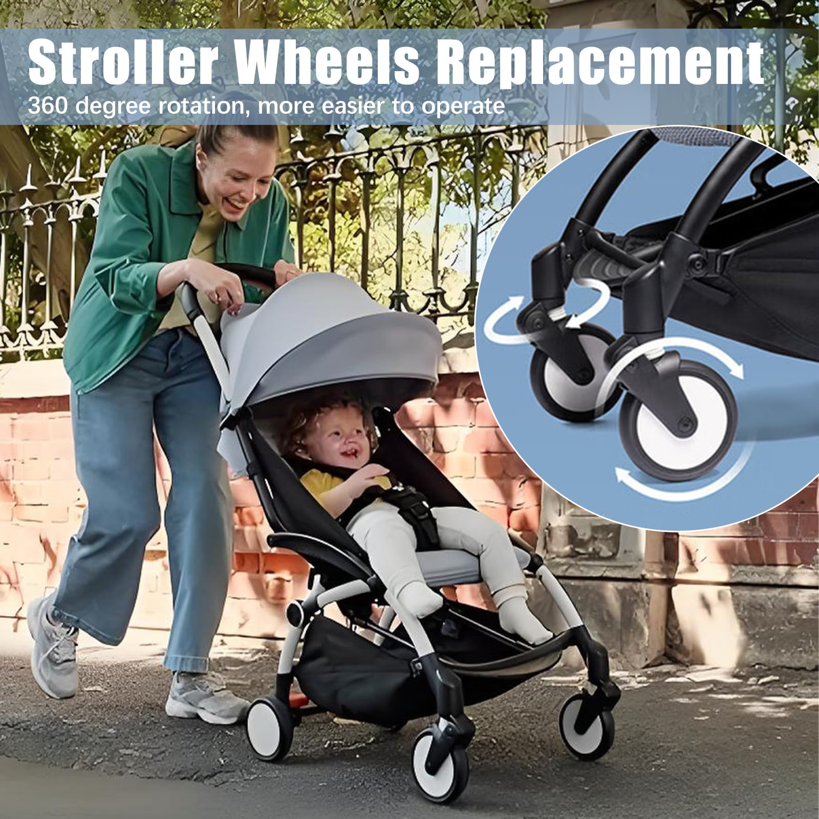 Flylin 1 paire de roues de poussette pour bébé, roues de poussette pour enfants en caoutchouc de remplacement avec outils pour poussette Yoya/Vovo (roue avant)