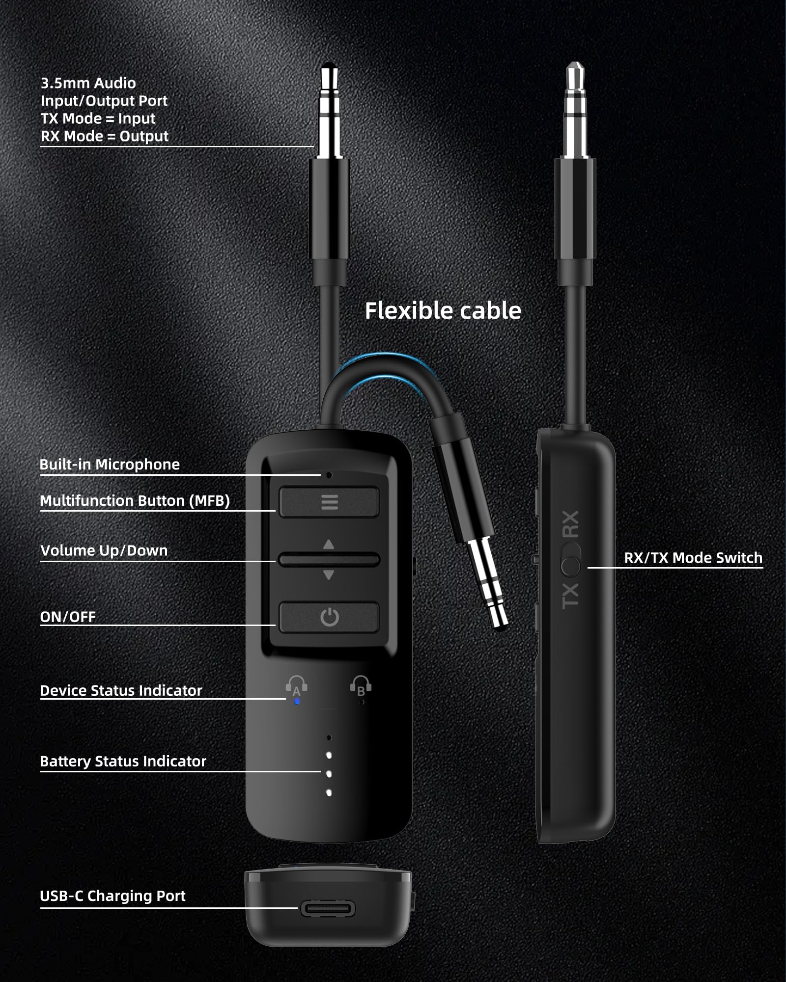Transmetteur récepteur Bluetooth 5.2 pour 2 AirPods ou écouteurs, adaptateur audio sans fil pour avion, TV, salle de sport, voyage, compatible avec prise auxiliaire de 3,5 mm sur voiture et