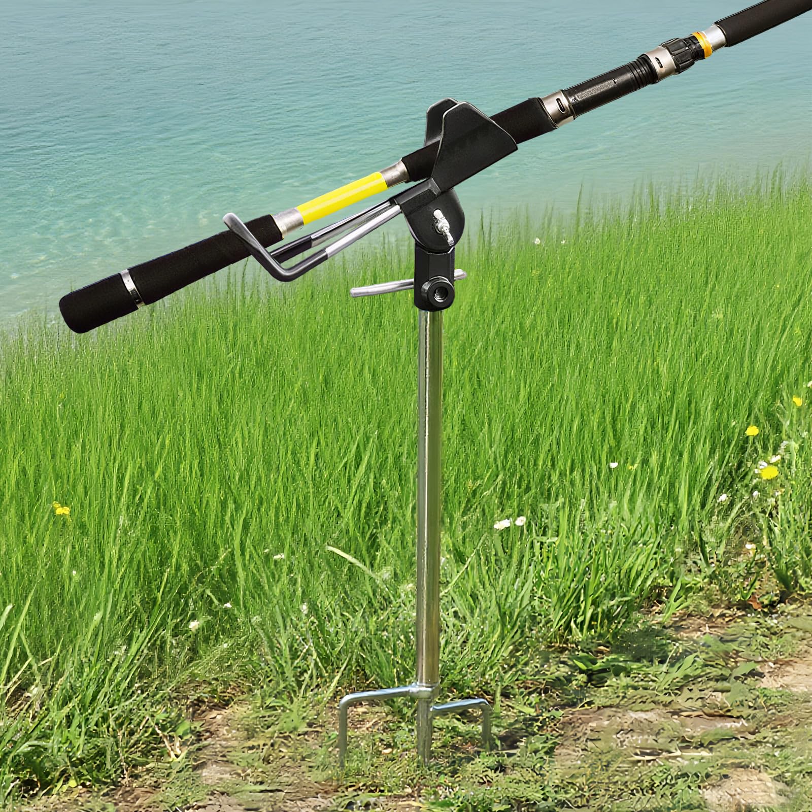 Rutenhalter, 2 Stück Angelrutenhalter Edelstahl, 360° Verstellbar, Tragbar Abnehmbar Universal Rutenständer verzinkte Dreizack-Erdspitze, für Angelsport See Fluss Ufer