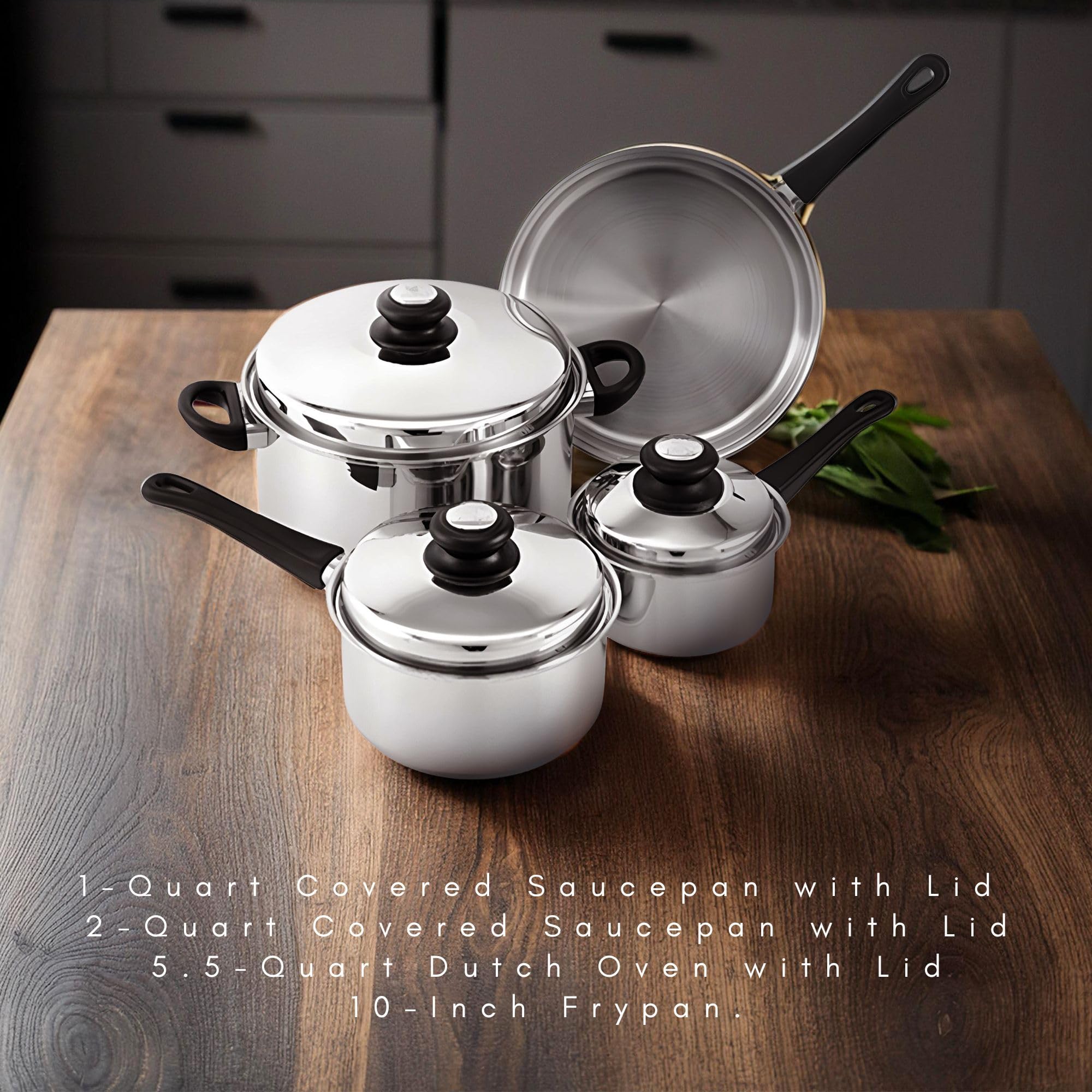 Lynns Saturn 7 Piece Cookware Set; Stainless Steel, PFTE & PFOA Free, Freezer to Oven Safe, Induction Compatible; 1QT & 2QT Saucepans, 5QT Dutch Oven, 10