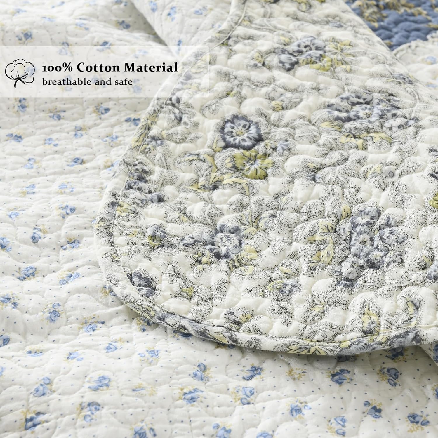 Yvooxny Quilt Set Queen Size Reversible Country Farmhouse Floral Real Patchwork Quilted Bedspread 3-Piece Quilt Set with Pillowcases with Ruffles for All Seasons, 90 x 98 Inches - Image 4