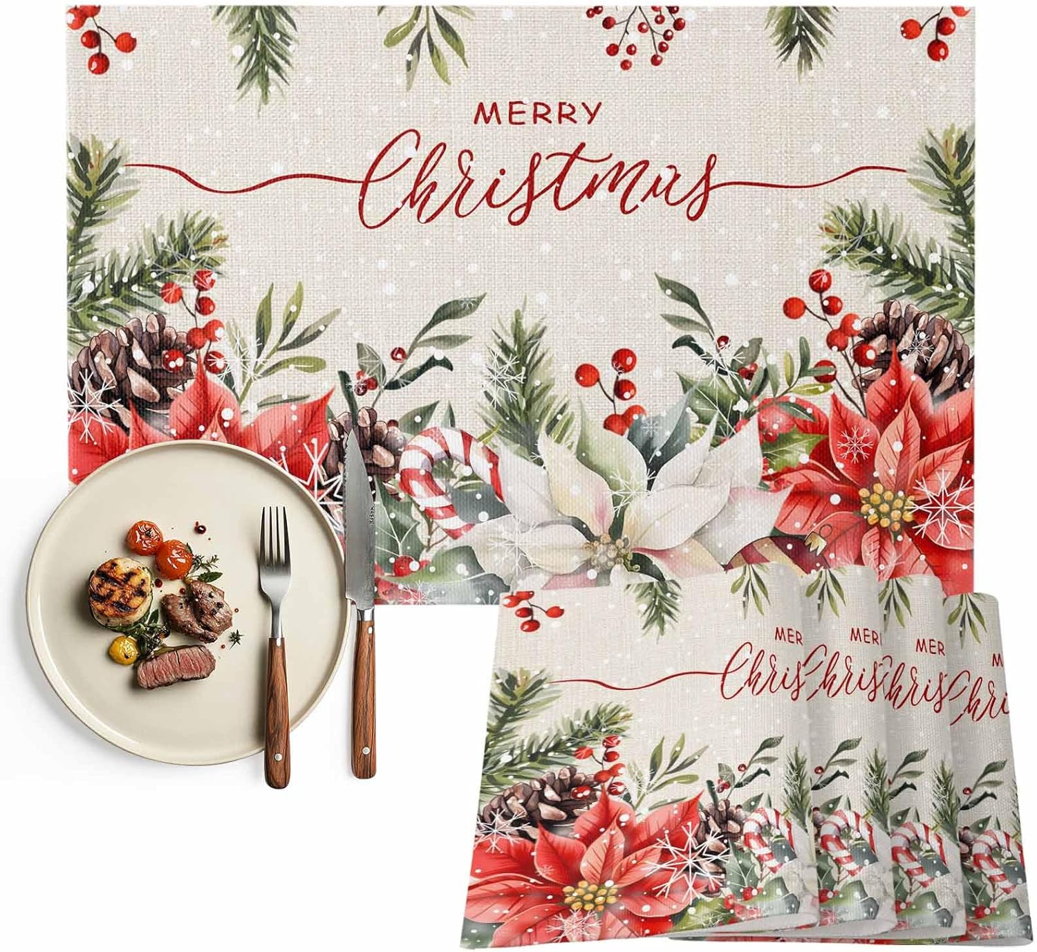 Christmas Placemats Poinsettia Snowy Berries Place Mats for Dining Room Dinner Table Holly Berry Pine Cones Washable Table Mats Kitchen Dining Decorations Anniversary Set of 6