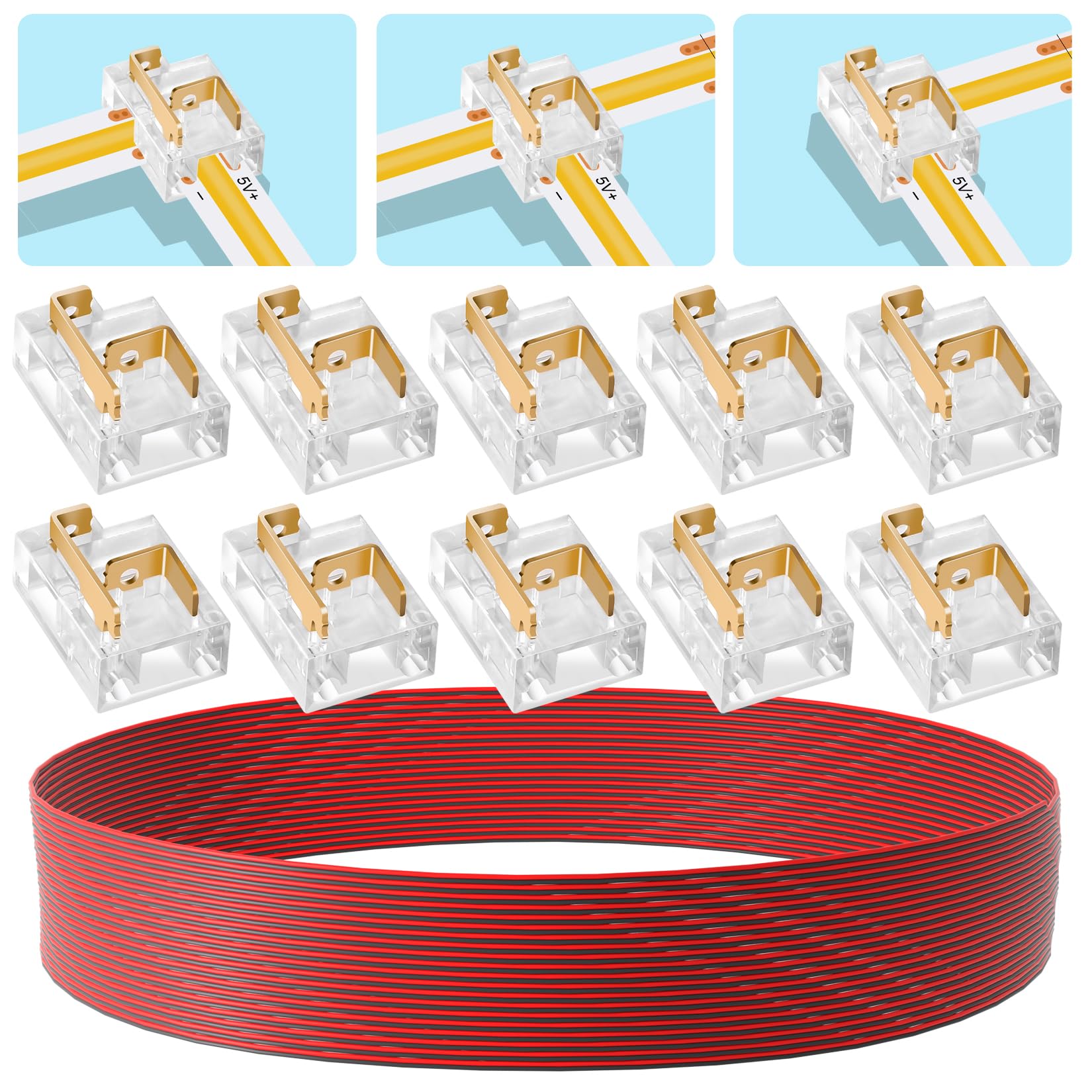 led Connector 10pcs COB SMD 2 Pin 8mm Strip Light connectors kit 20M 22AWG Extension Cable for Split-Free Soldering and led Corner Connector (SMD/COB 2PIN 8MM)