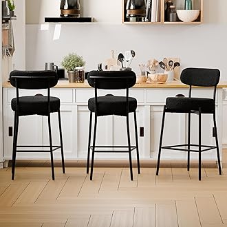 DYHOME Bar Stools Set of 3,Black 28" Counter Height Bar Stools with Curved Back, Boucle Barstools with Back, Mid-Century Modern Bar Chairs for Kitchen Island, Dining Room, Christmas