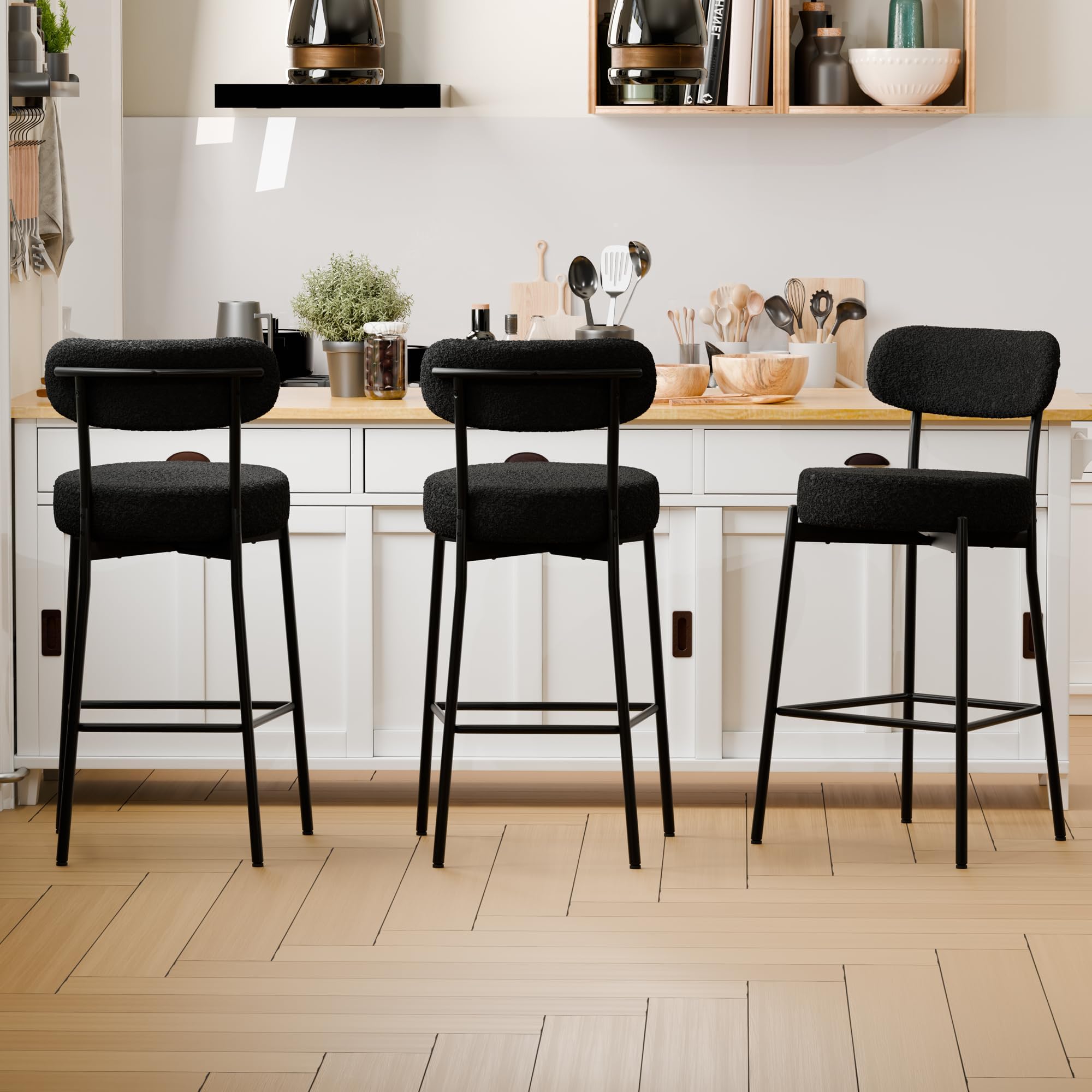 DYHOME Black Bar Stools Set of 3,Boucle Counter Height Bar Stools with Curved Back,28inch Barstools, Mid-Century Modern Bar Chairs for Kitchen Island, Dining Room